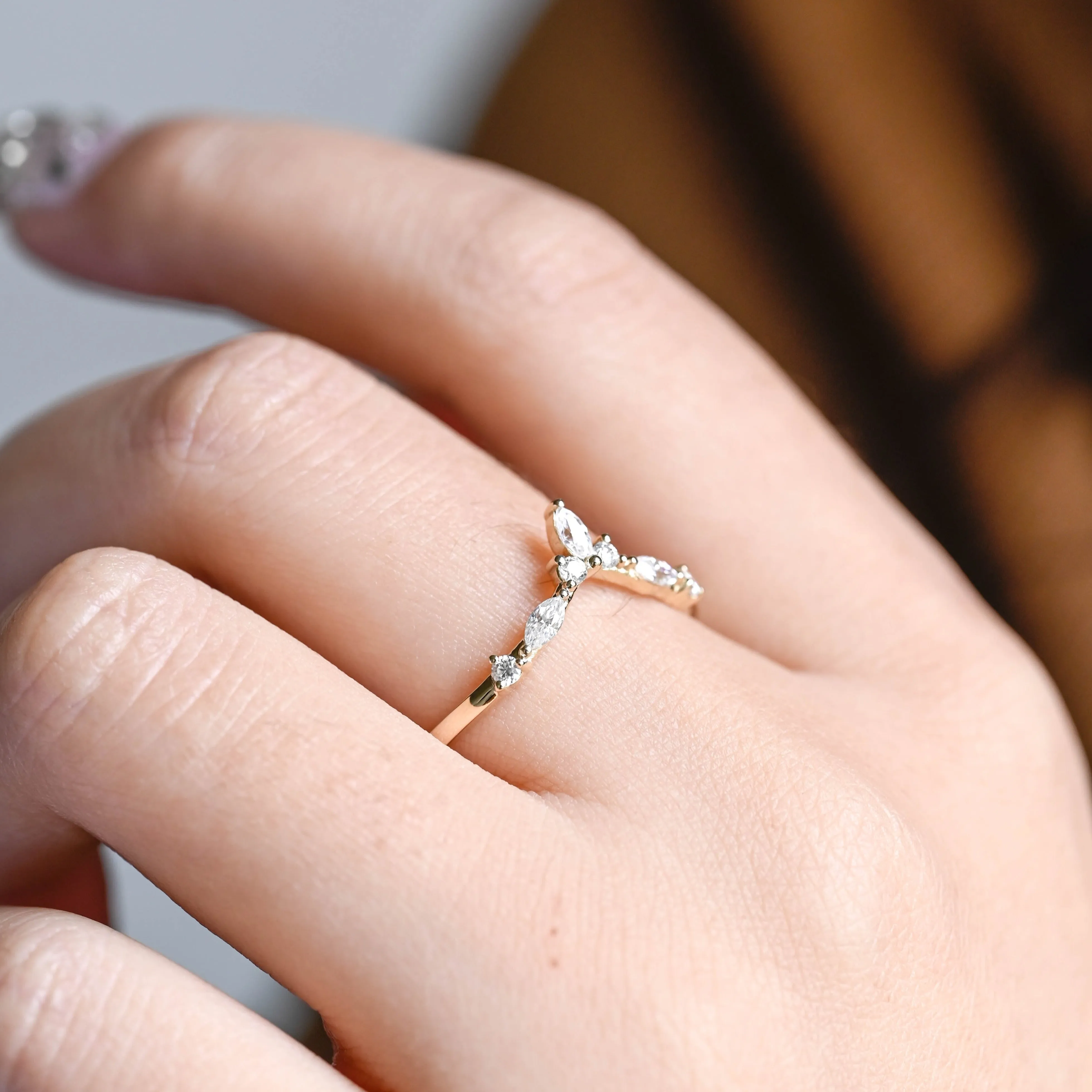 Solid Gold Curved Marquise & Round Cut Moissanite Wedding Band sold by Causyou product image thumbnail 4