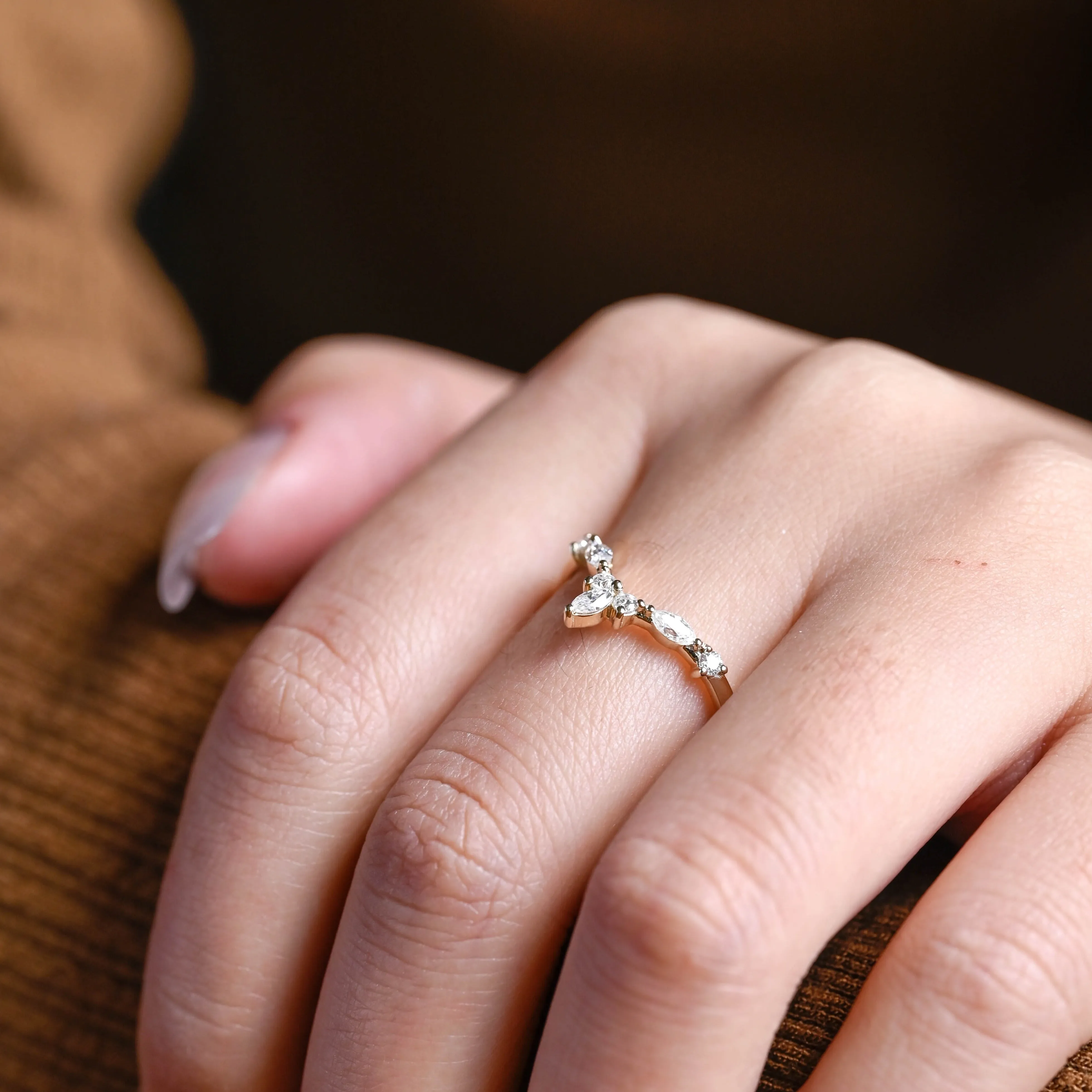 Solid Gold Curved Marquise & Round Cut Moissanite Wedding Band sold by Causyou product image thumbnail 2