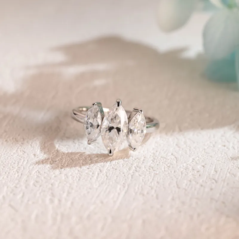 Solid Gold Marquise Cut Moissanite Engagement Ring, Three Stone Promise Ring sold by Causyou