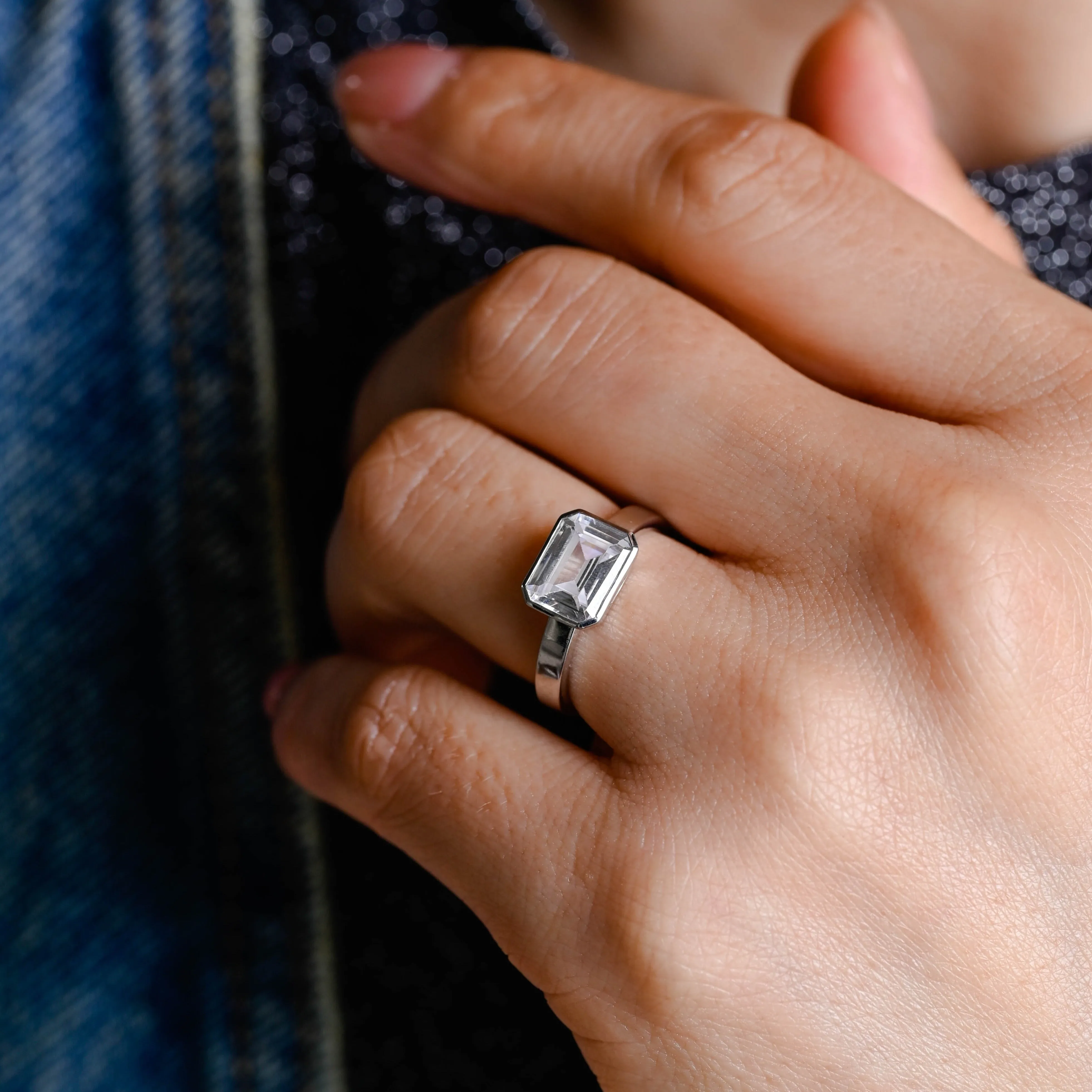 Solid Gold 3mm Width East West Emerald Cut Moissanite Engagement Ring, Solitaire Bezel Promise Ring sold by Causyou product image thumbnail 2