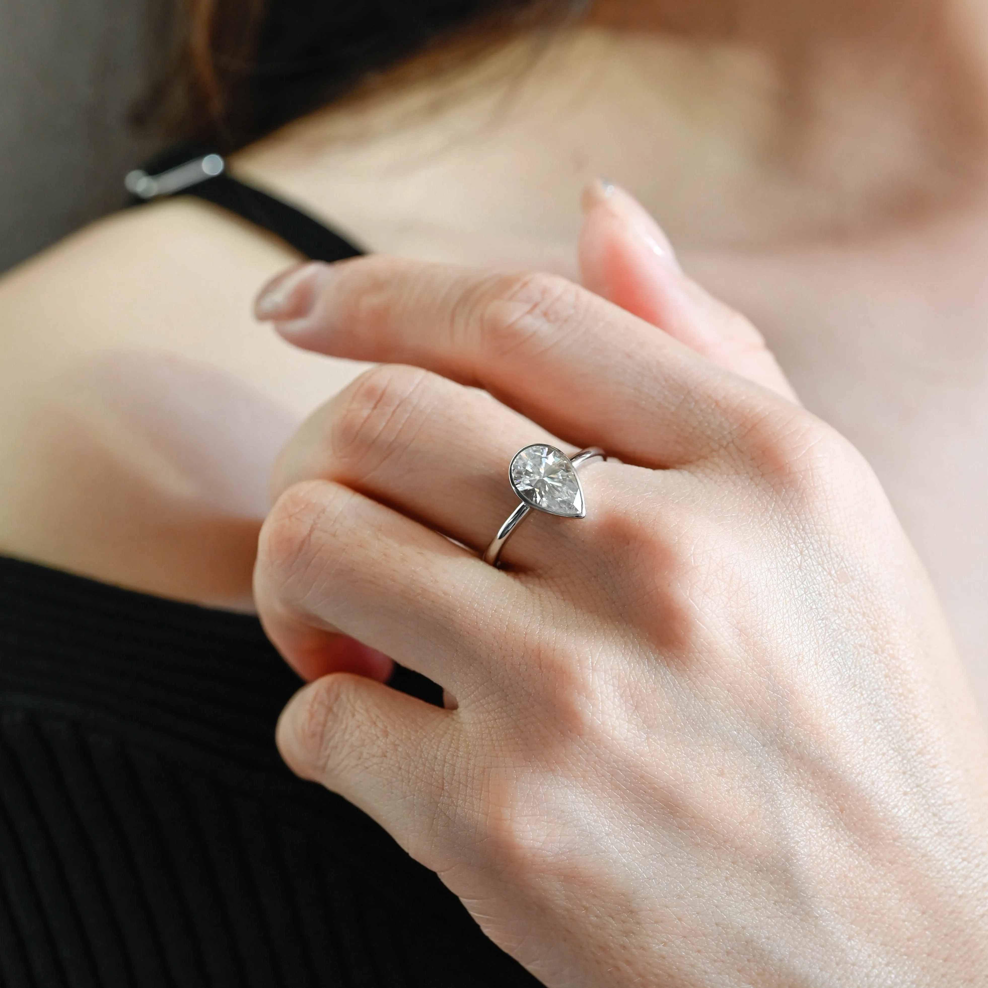 CausYou Solid Gold D/VS1 Pear Cut Lab Grown Diamond Engagement Ring, Bezel Solitaire Promise Ring, Gift for Her sold by Causyou product image thumbnail 2