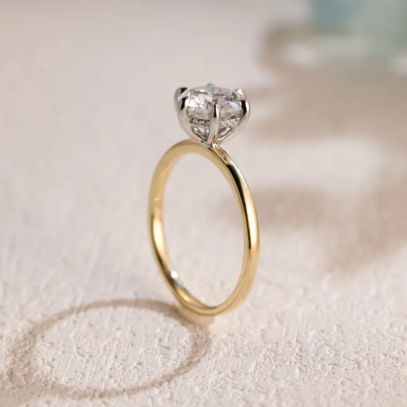 Solid Gold Two Tone Round Moissanite Engagement Ring Hidden Halo sold by Causyou