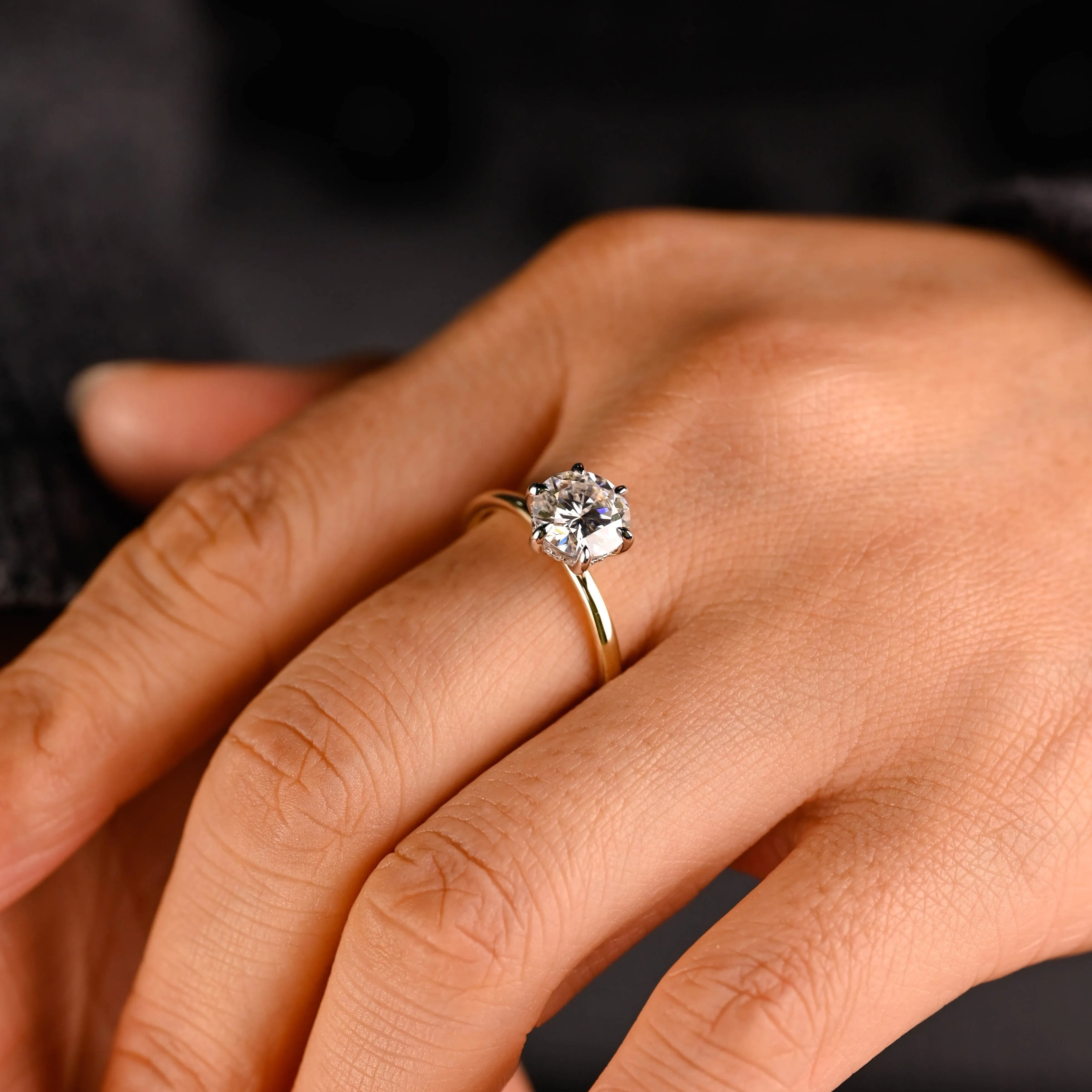 Solid Gold Solitaire Hidden Halo Two Tone Round Moissanite Engagement Ring sold by Causyou product image thumbnail 3