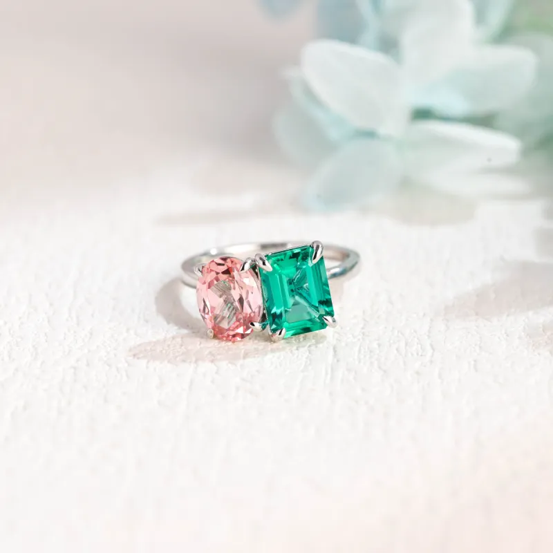 Solid Gold Toi Et Moi Ring, Lab Grown Emerald & Oval Cut Pink Sapphire Engagement Ring, Anniversary Gift sold by Causyou