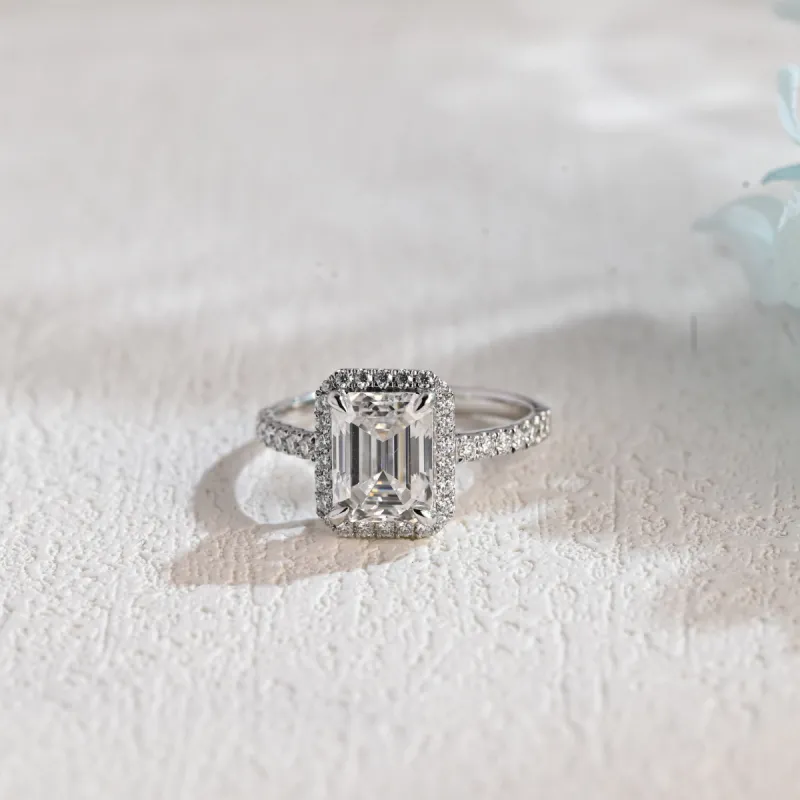 Solid Gold Emerald Cut Moissanite Engagement Ring, Promise Ring with Halo, Gift for Women Wife sold by Causyou