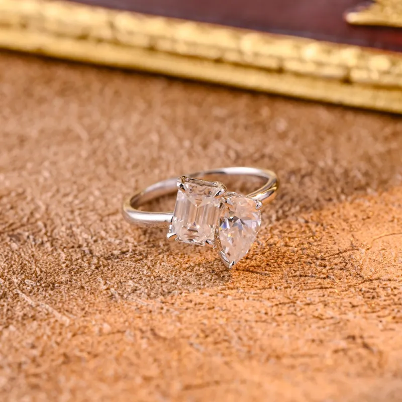 Solid Gold D/VS1 Toi et Moi Ring, Emerald & Pear Cut Lab Grown Diamond Engagement Ring, Promise Ring sold by Causyou