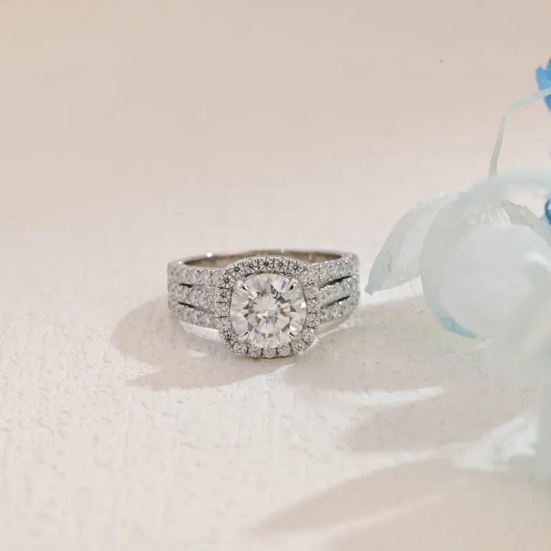 Solid Gold Round Cut Moissanite Engagement Ring Three Row Pave Ring, Vintage Ring sold by Causyou