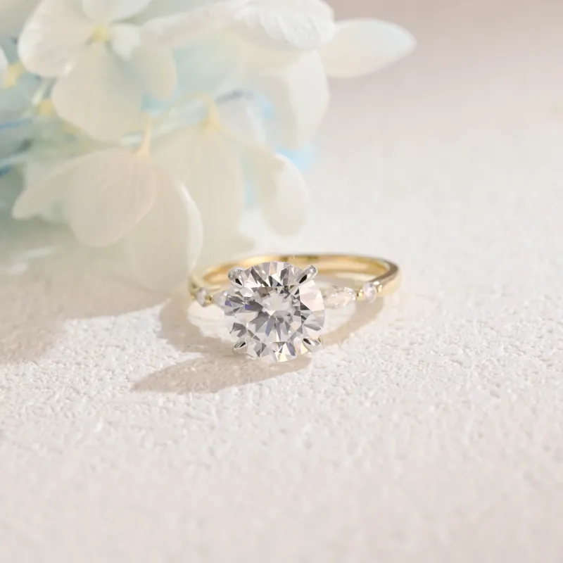 Solid Gold Two Tone Round Moissanite Engagement Ring, Pave Marquise Ring sold by Causyou
