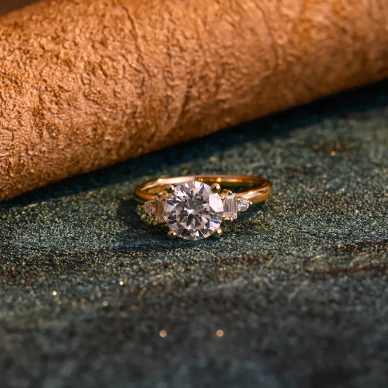 CausYou Solid Gold D/VS1 Round Cut Lab Grown Diamond Engagement Ring, Baguette Accents Wedding Ring sold by Causyou