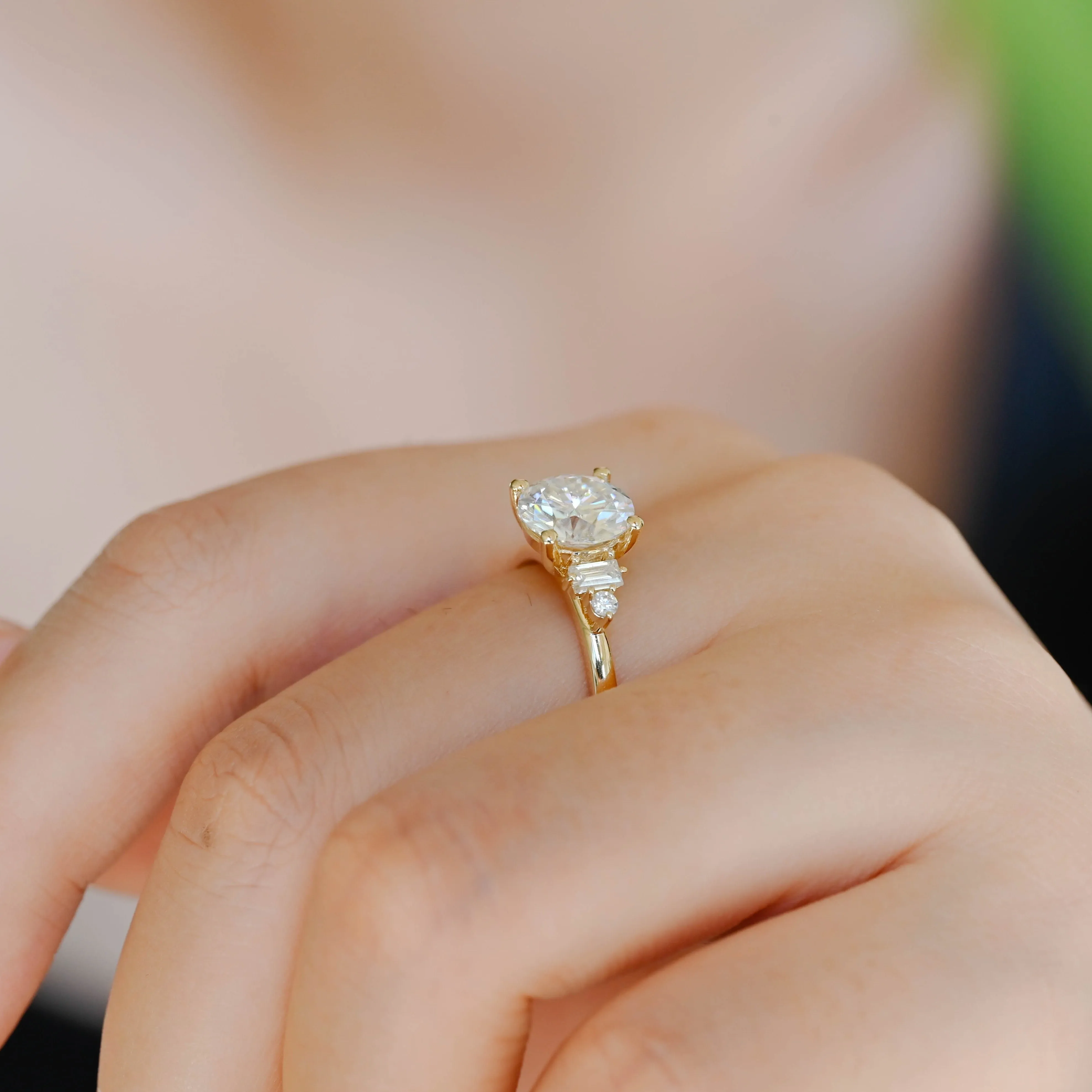 CausYou Solid Gold D/VS1 Round Cut Lab Grown Diamond Engagement Ring, Baguette Accents Wedding Ring sold by Causyou product image thumbnail 3