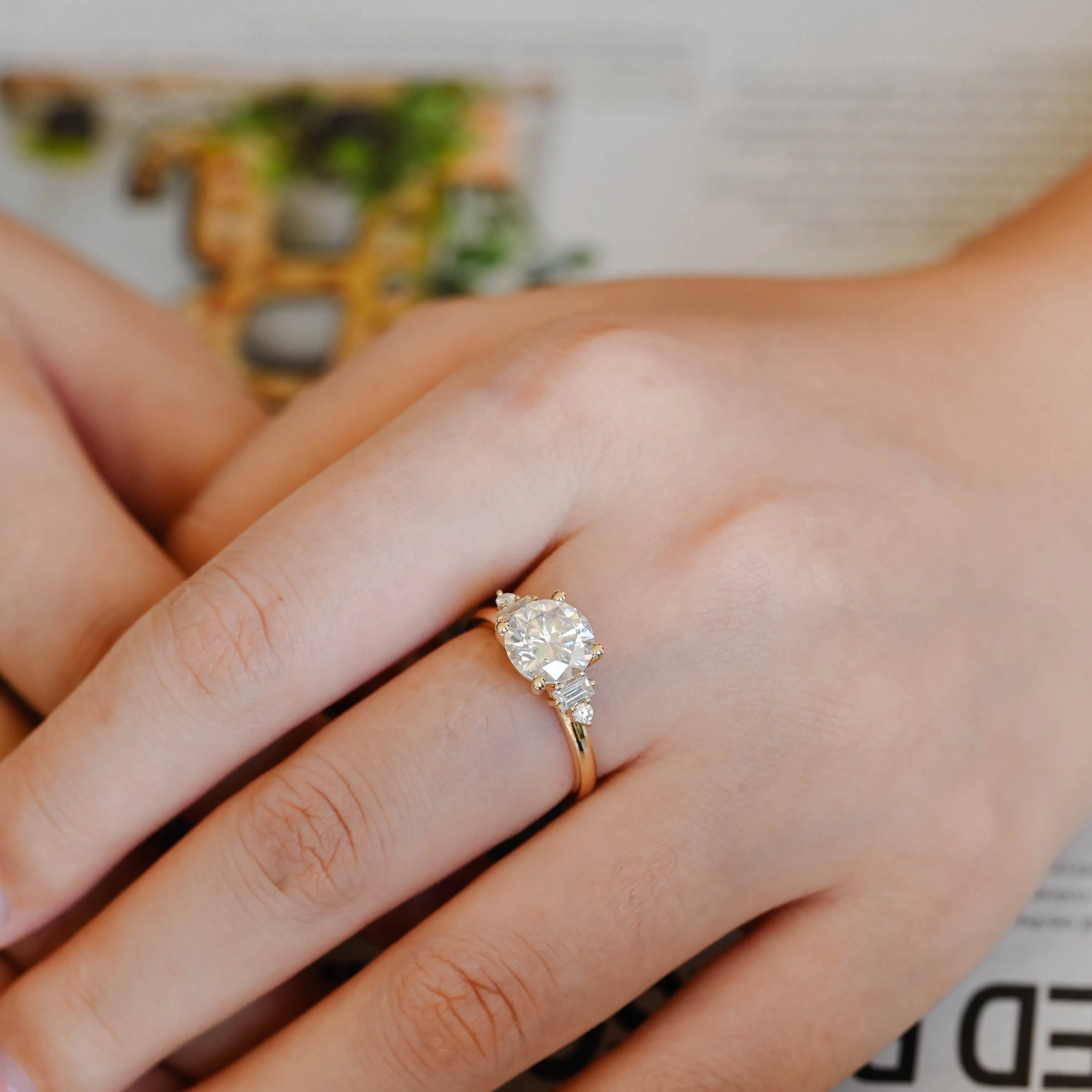 CausYou Solid Gold D/VS1 Round Cut Lab Grown Diamond Engagement Ring, Baguette Accents Wedding Ring sold by Causyou product image thumbnail 4