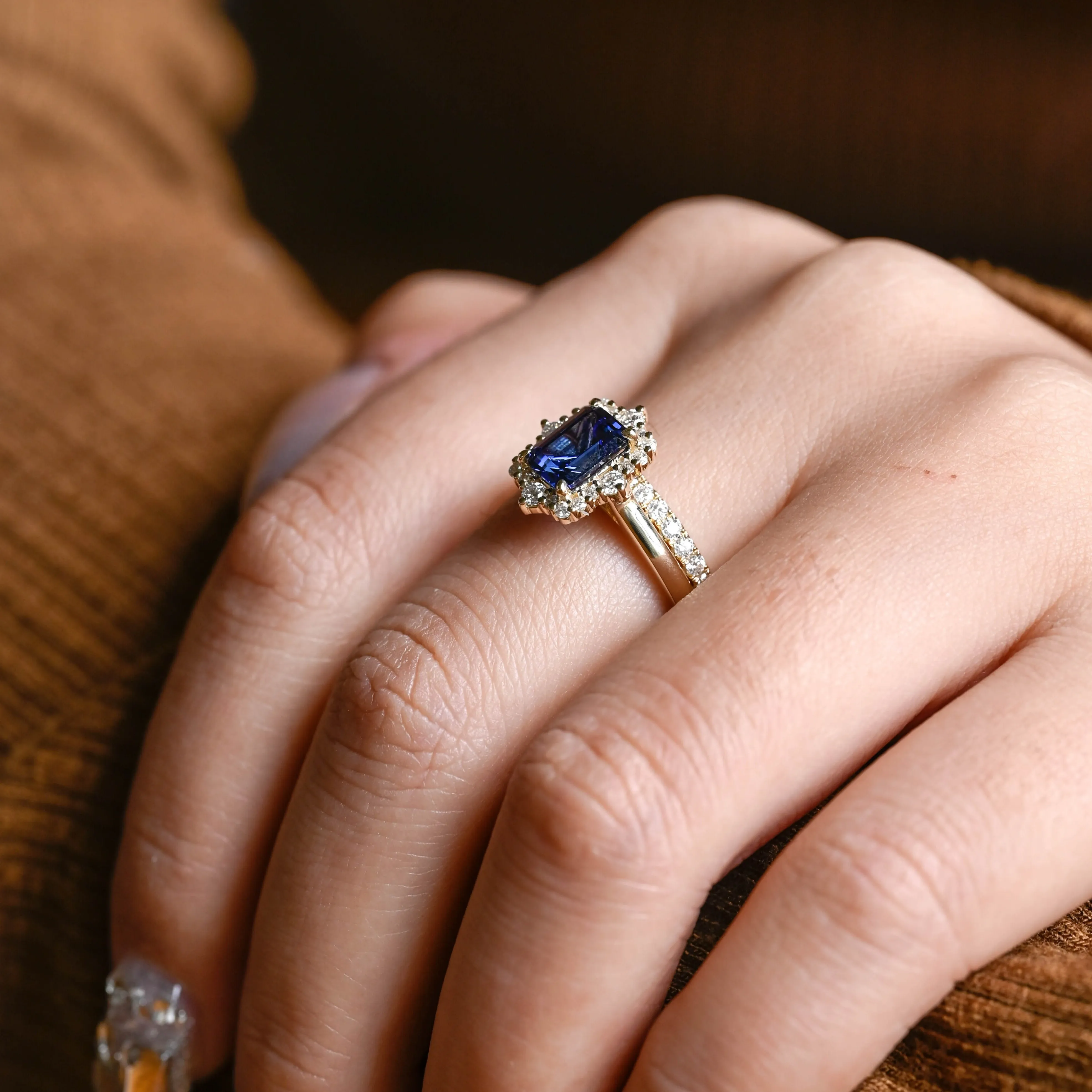 CausYou Solid Gold Emerald Cut Lab Grown Sapphire Engagement Ring Set, Bridal Set, Gift for Woman, Wife sold by Causyou product image thumbnail 4