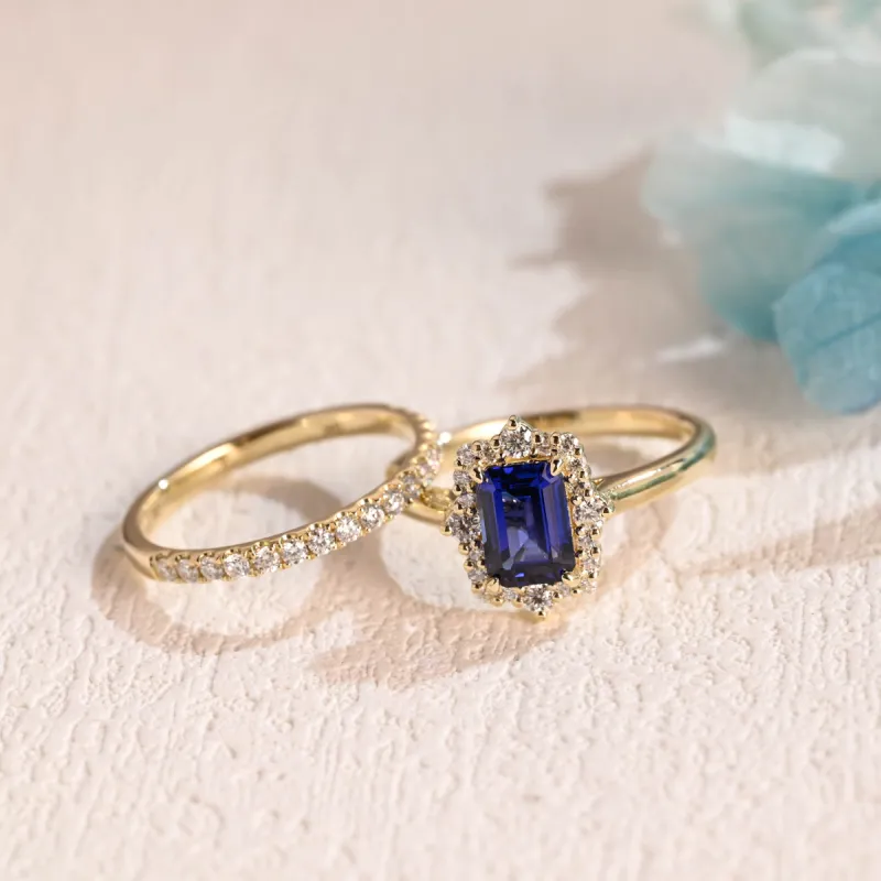 CausYou Solid Gold Emerald Cut Lab Grown Sapphire Engagement Ring Set, Bridal Set, Gift for Woman, Wife sold by Causyou