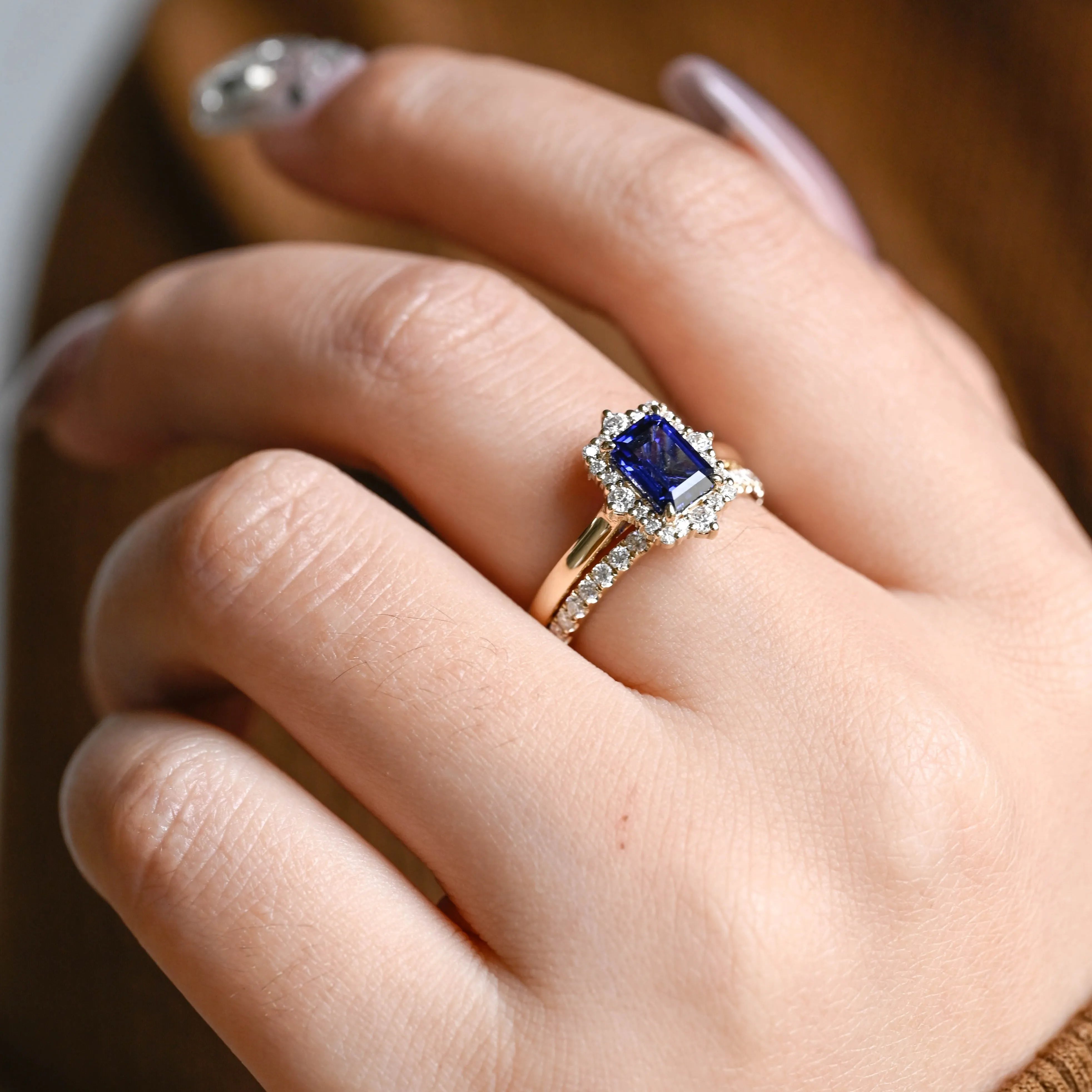 CausYou Solid Gold Emerald Cut Lab Grown Sapphire Engagement Ring Set, Bridal Set, Gift for Woman, Wife sold by Causyou product image thumbnail 3