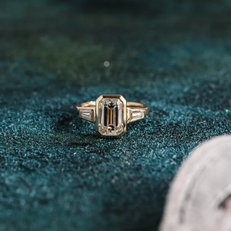 Solid Gold D/VS1 Emerald Cut Lab Grown Diamond Engagement Ring, Three Stone Promise Ring, Gift for Woman sold by Causyou