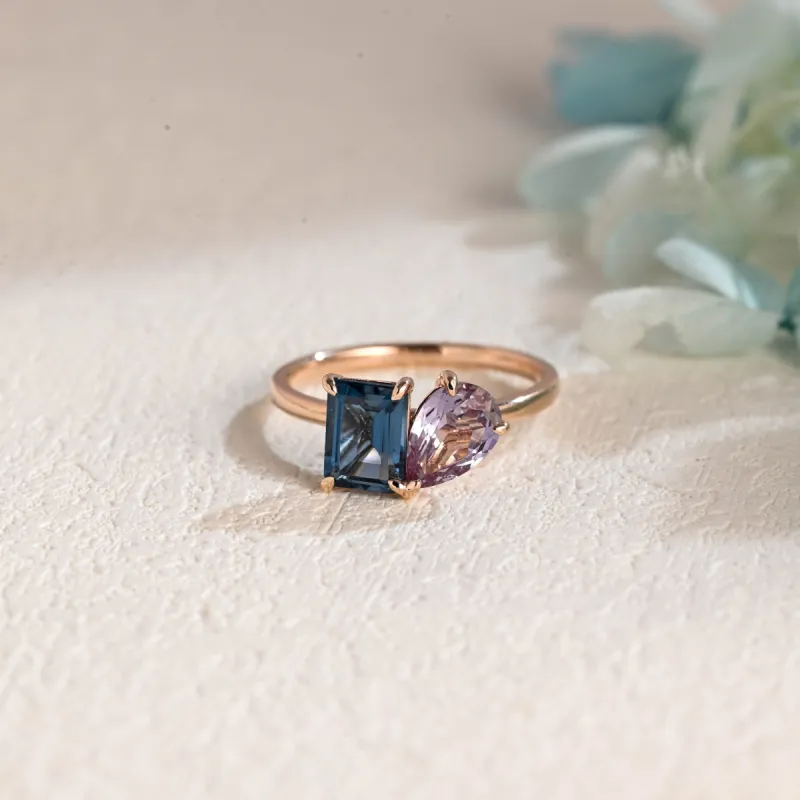 Solid Gold Toi Et Moi Ring, Emerald Cut Topaz & Pear Cut Alexandrite Engagement Ring, Promise Ring sold by Causyou