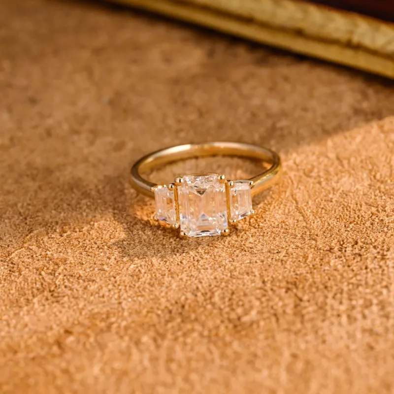 CausYou Solid Gold D/VS1 Three Stone Emerald Cut Lab Grown Diamond Engagement Ring, Trapezoid Accents Wedding Ring sold by Causyou