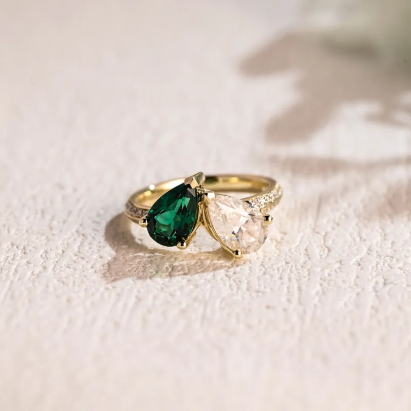 Solid Gold Toi Et Moi Ring, Pear Cut Lab Grown Emerald & Pear Cut Moissanite Engagement Ring, Bridal Ring sold by Causyou