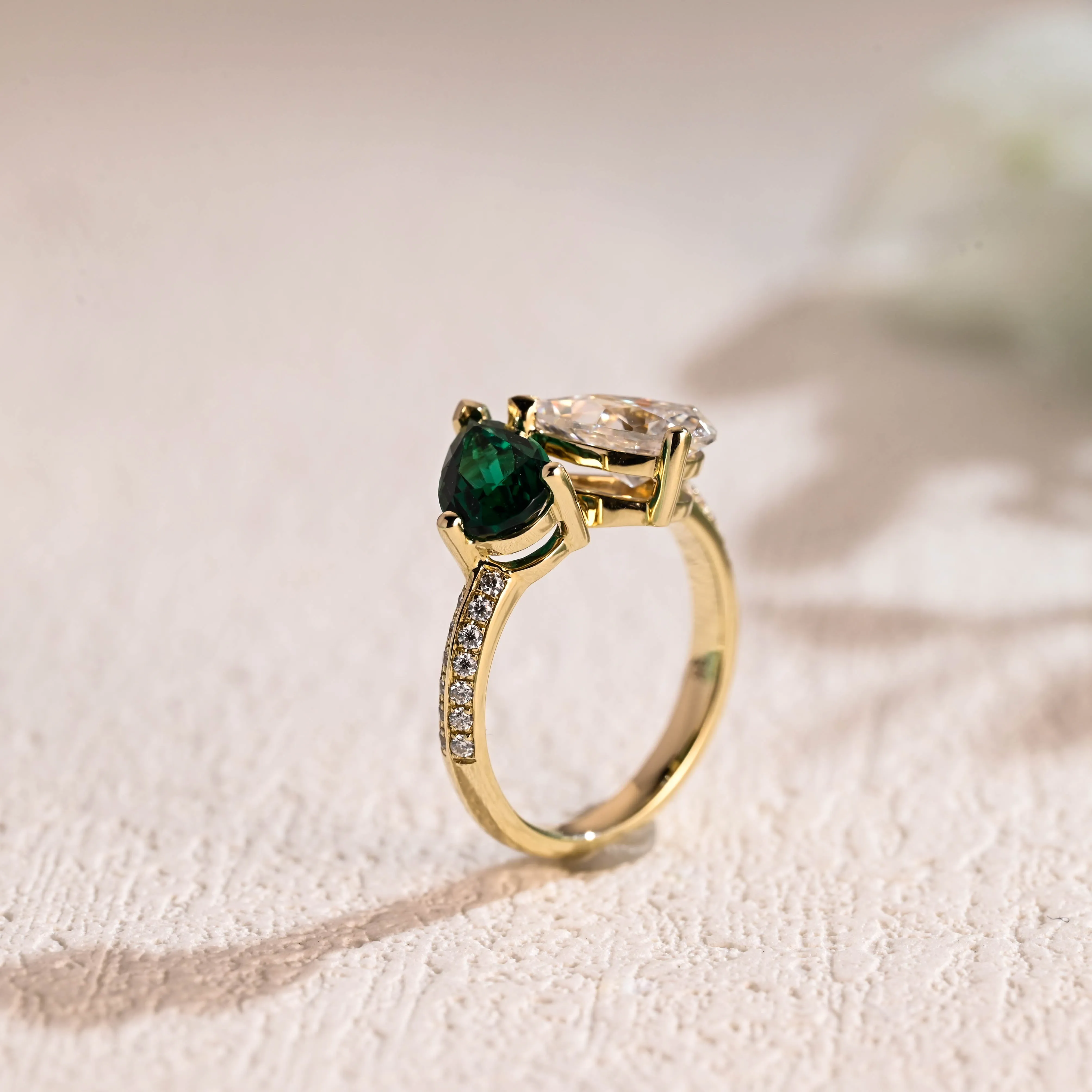 Solid Gold Toi Et Moi Ring, Pear Cut Lab Grown Emerald & Pear Cut Moissanite Engagement Ring, Bridal Ring sold by Causyou product image thumbnail 5