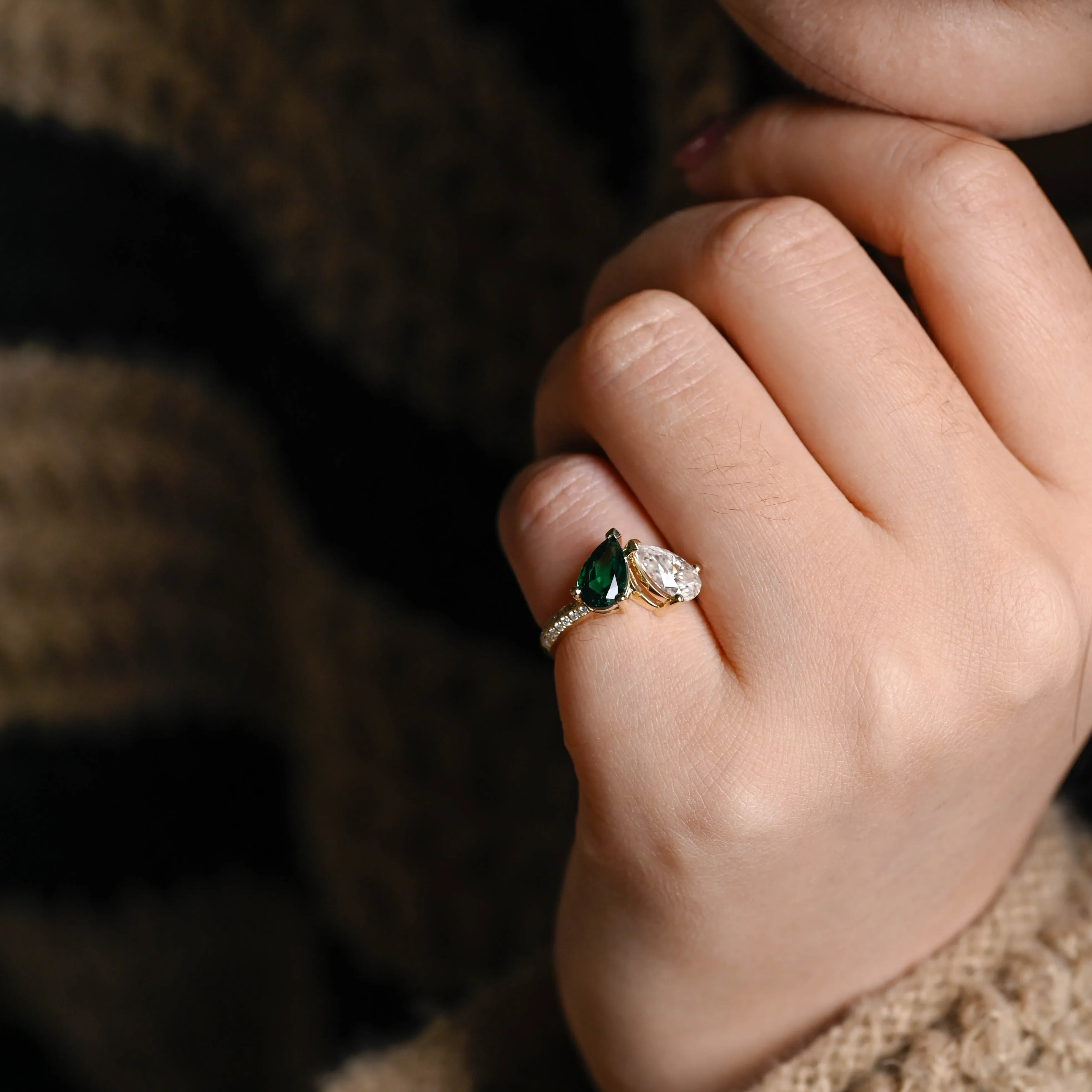 Solid Gold Toi Et Moi Ring, Pear Cut Lab Grown Emerald & Pear Cut Moissanite Engagement Ring, Bridal Ring sold by Causyou product image thumbnail 2