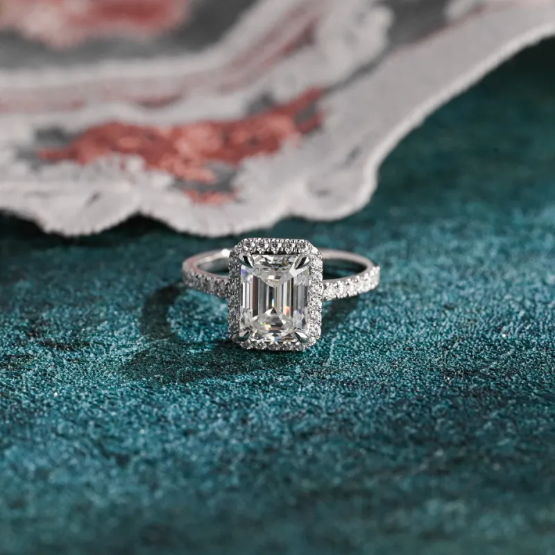 CausYou Solid Gold D/VS1 Low Setting Halo Pave Emerald Cut Lab Grown Diamond Engagement Ring sold by Causyou