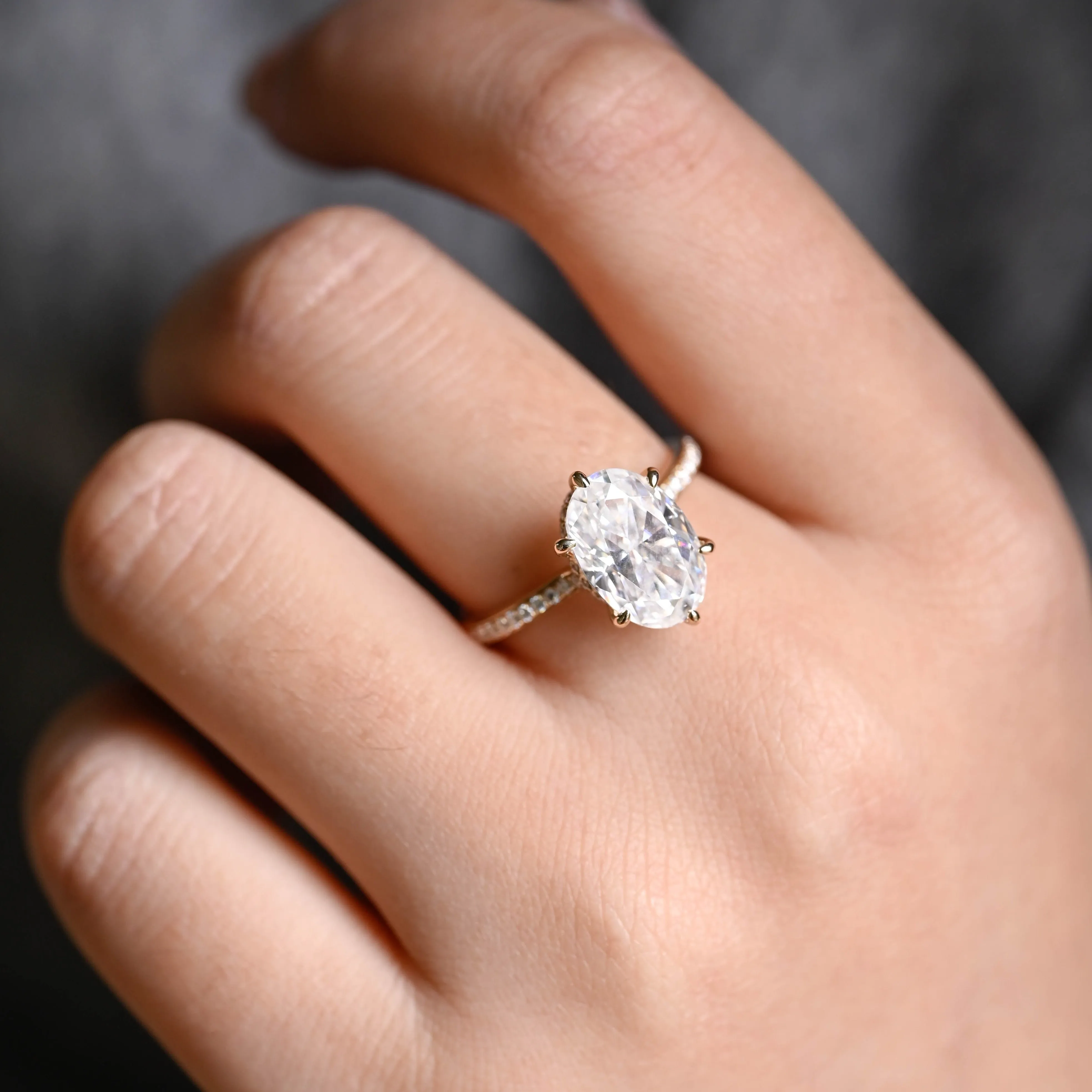 Solid Gold Floating Hidden Halo Oval Cut Moissanite Engagement Ring sold by Causyou product image thumbnail 4