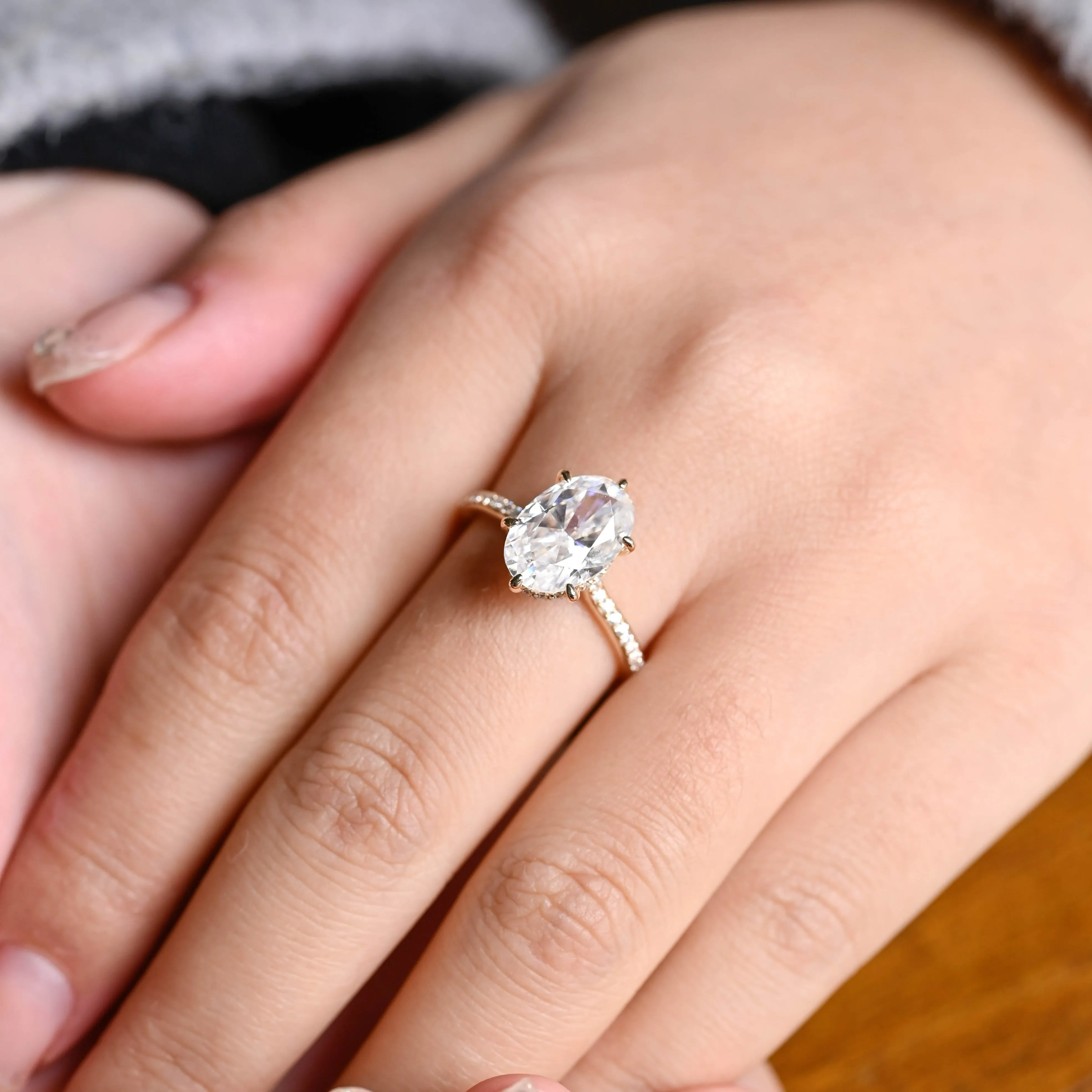 Solid Gold Floating Hidden Halo Oval Cut Moissanite Engagement Ring sold by Causyou product image thumbnail 2