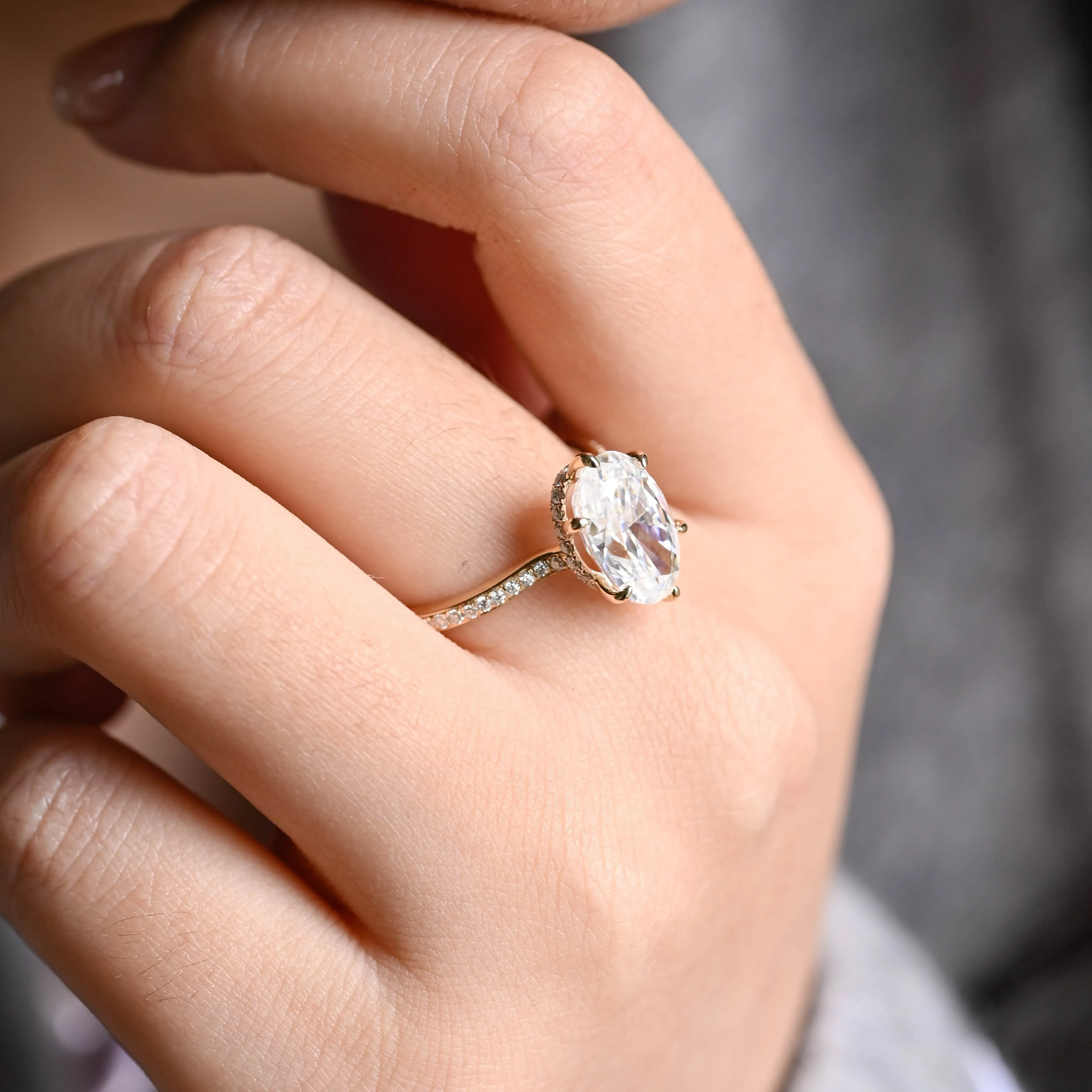 Solid Gold Floating Hidden Halo Oval Cut Moissanite Engagement Ring sold by Causyou product image thumbnail 3