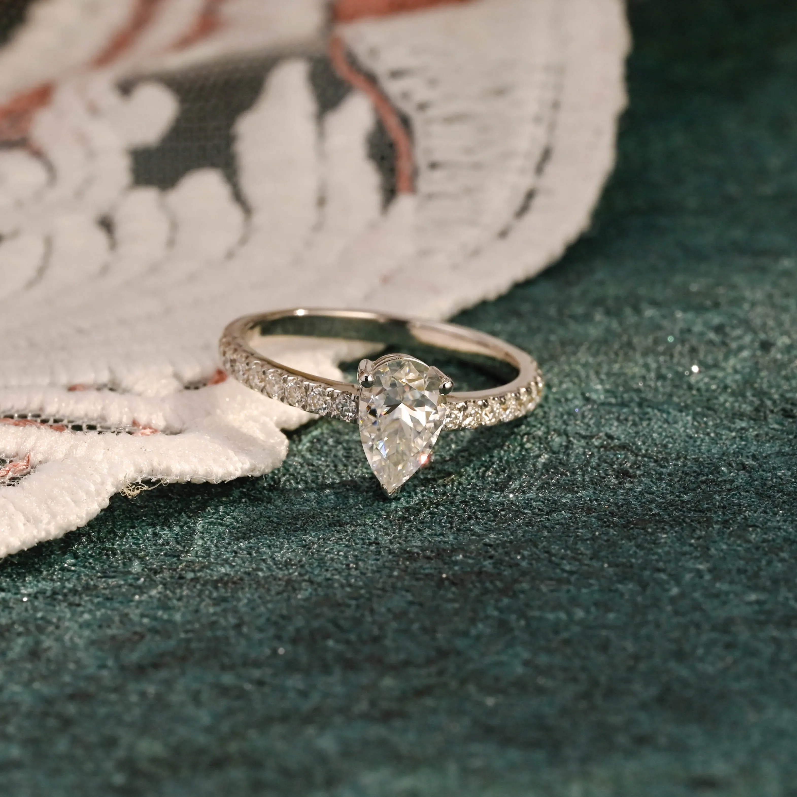 CausYou Solid Gold D/VS1 Pear Cut Lab Grown Diamond Engagement Ring, Low Setting Pave Wedding Ring sold by Causyou