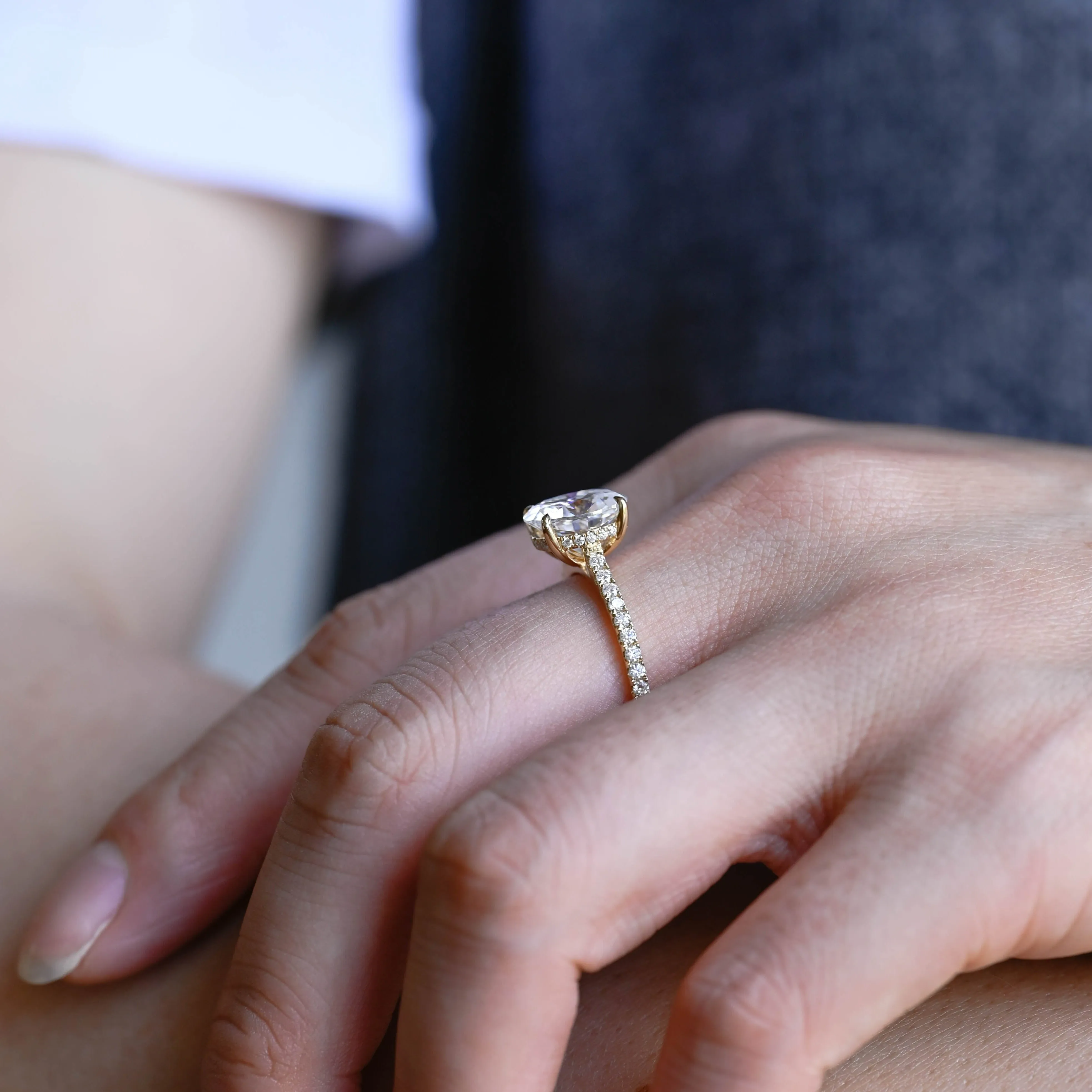 Solid Gold Pave Hidden Halo Oval Cut Moissanite Engagement Ring sold by Causyou product image thumbnail 4