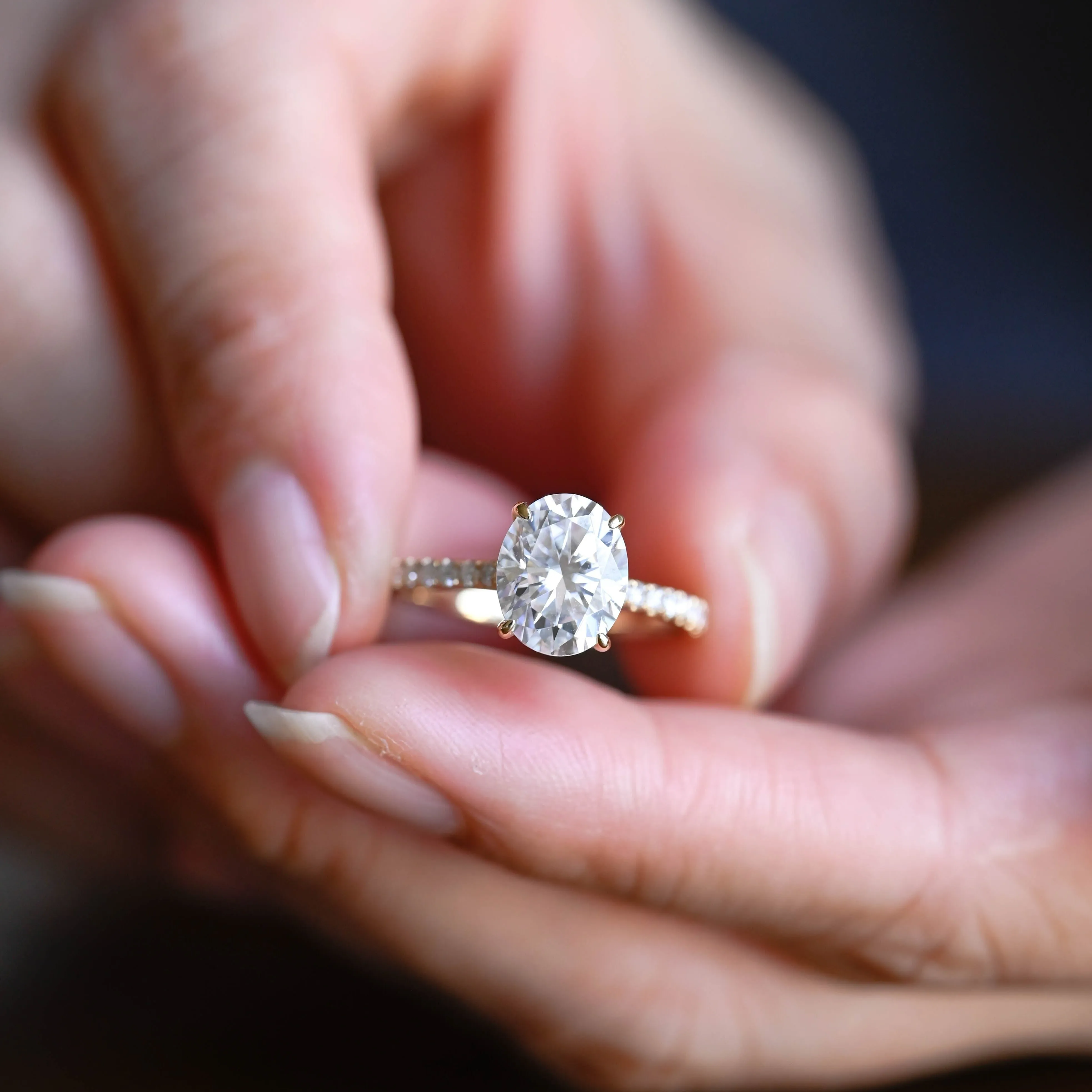 Solid Gold Pave Hidden Halo Oval Cut Moissanite Engagement Ring sold by Causyou product image thumbnail 3