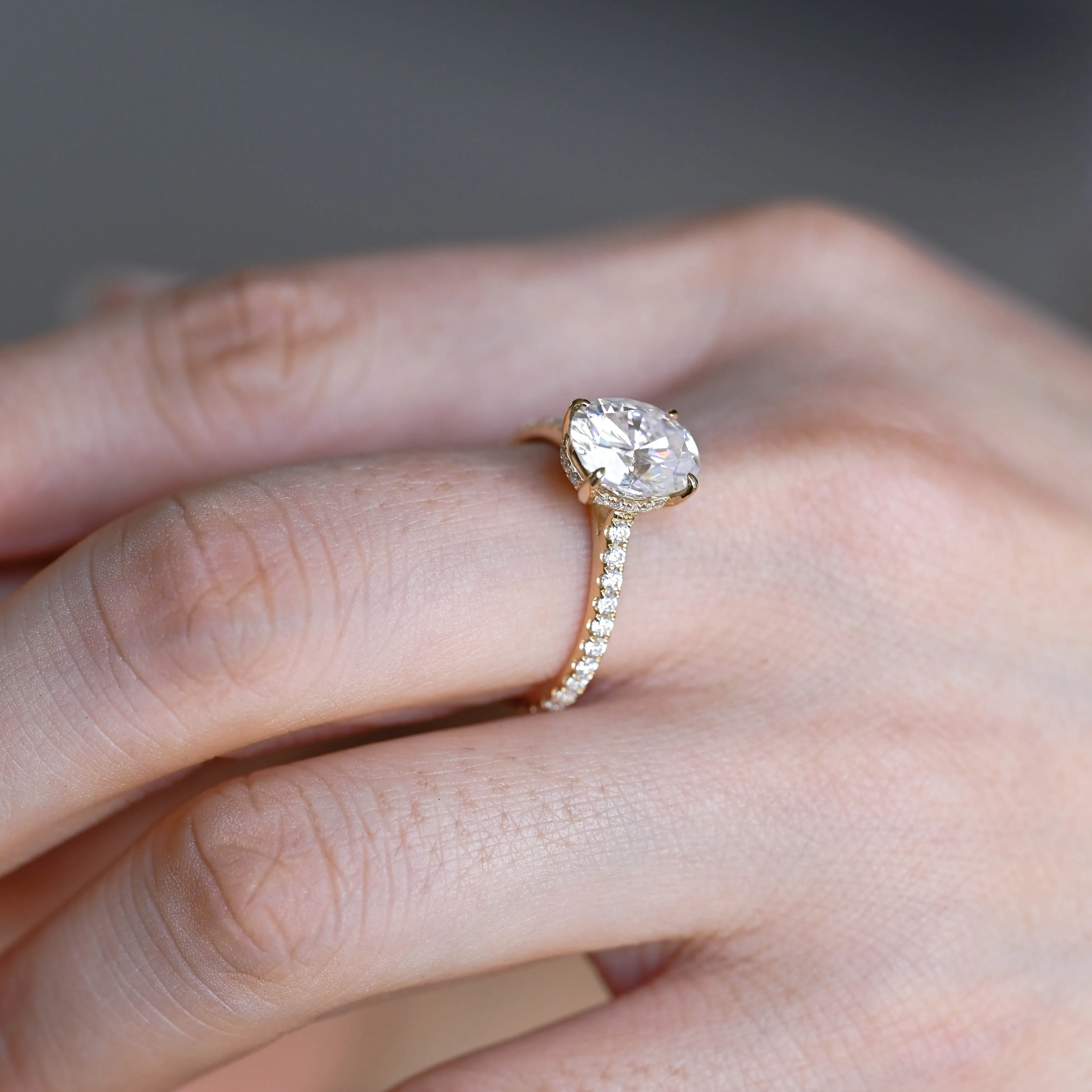 Solid Gold Pave Hidden Halo Oval Cut Moissanite Engagement Ring sold by Causyou product image thumbnail 2