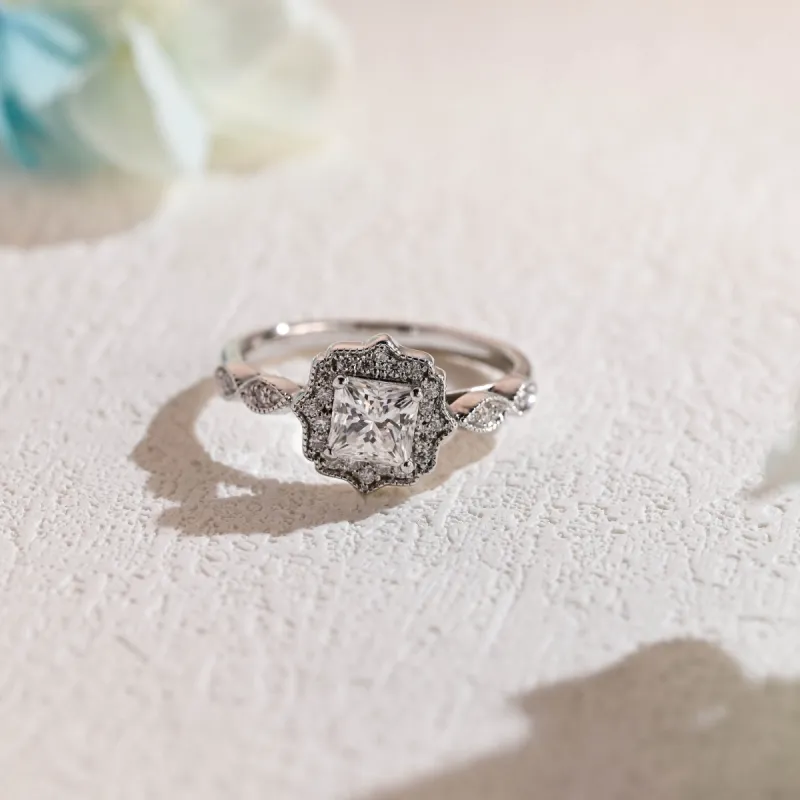 Solid Gold Filigree Princess Cut Moissanite Engagement Ring, Vintage Promise Ring sold by Causyou