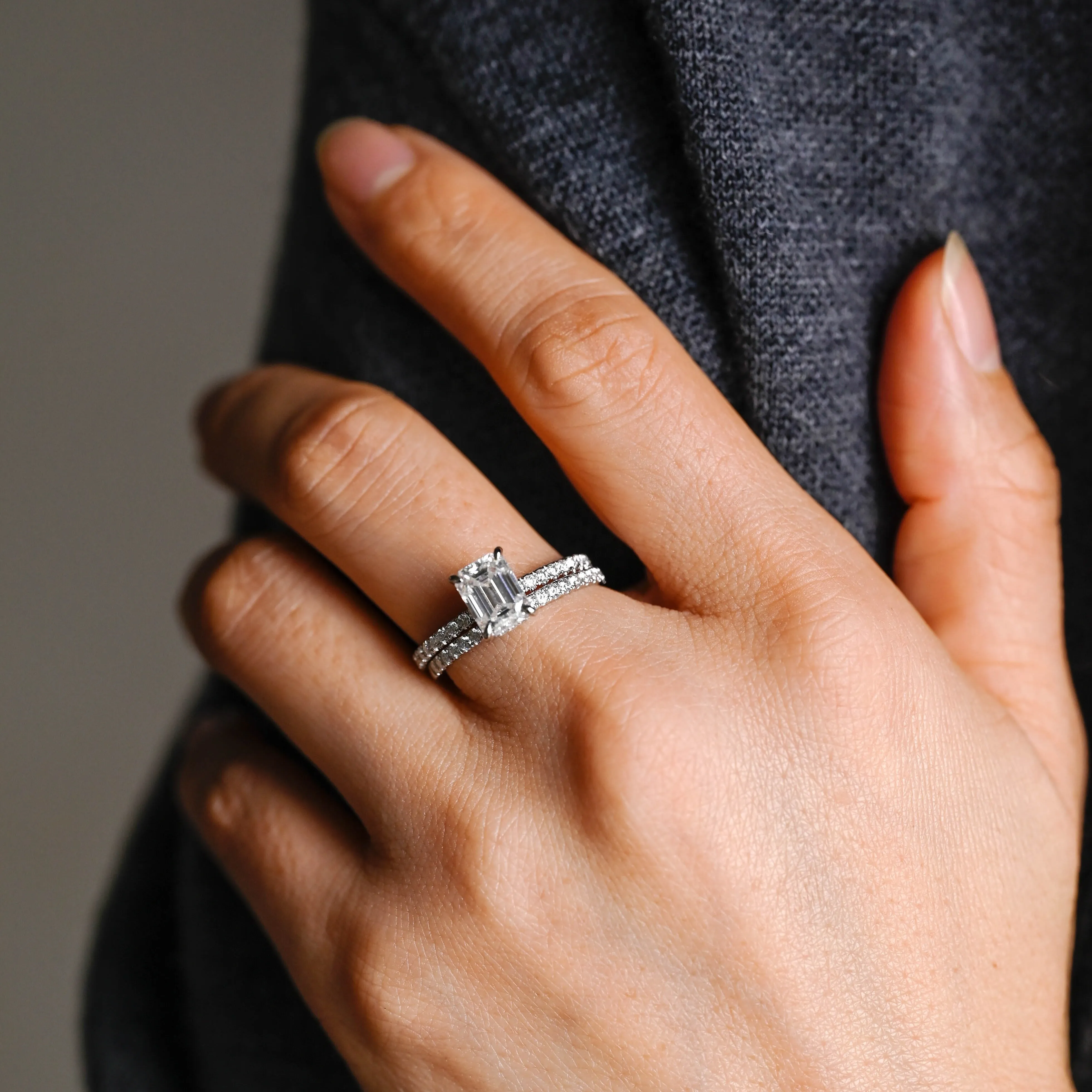 Solid Gold Emerald Cut Moissanite Wedding Ring Set Engagement Ring sold by Causyou product image thumbnail 2