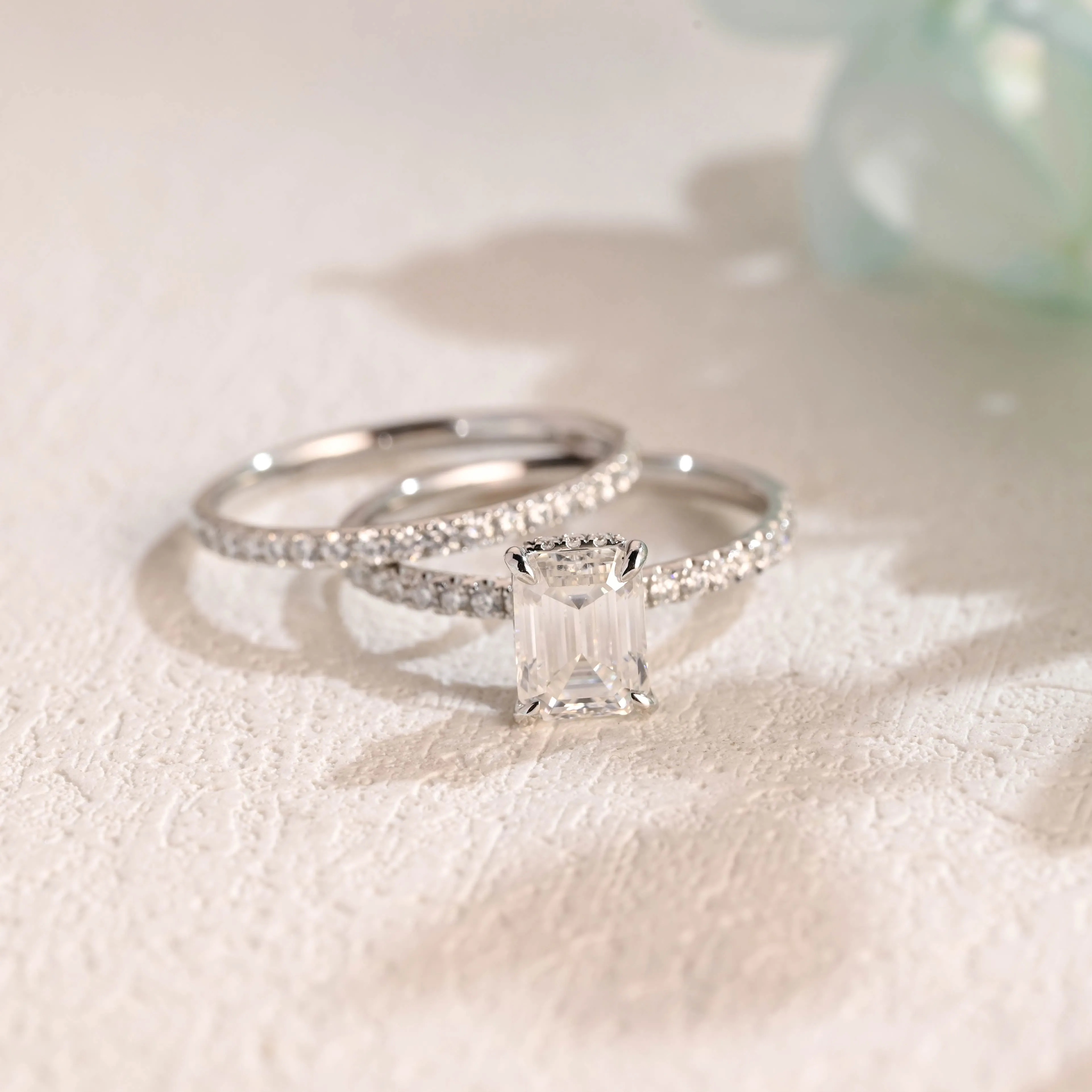 Solid Gold Emerald Cut Moissanite Wedding Ring Set Engagement Ring sold by Causyou