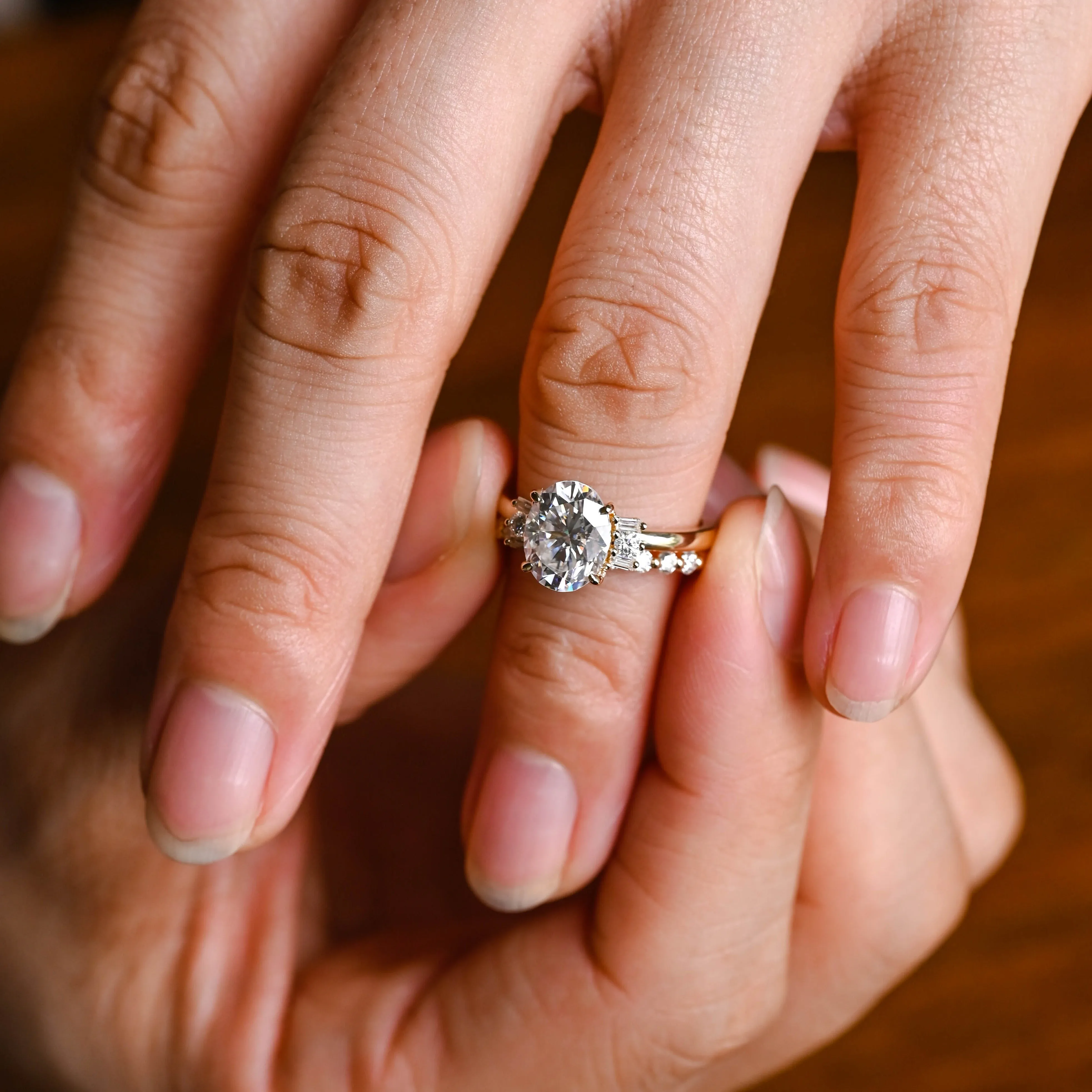 Solid Gold Oval Cut Moissanite Engagement Ring and Wedding Ring Set sold by Causyou product image thumbnail 2