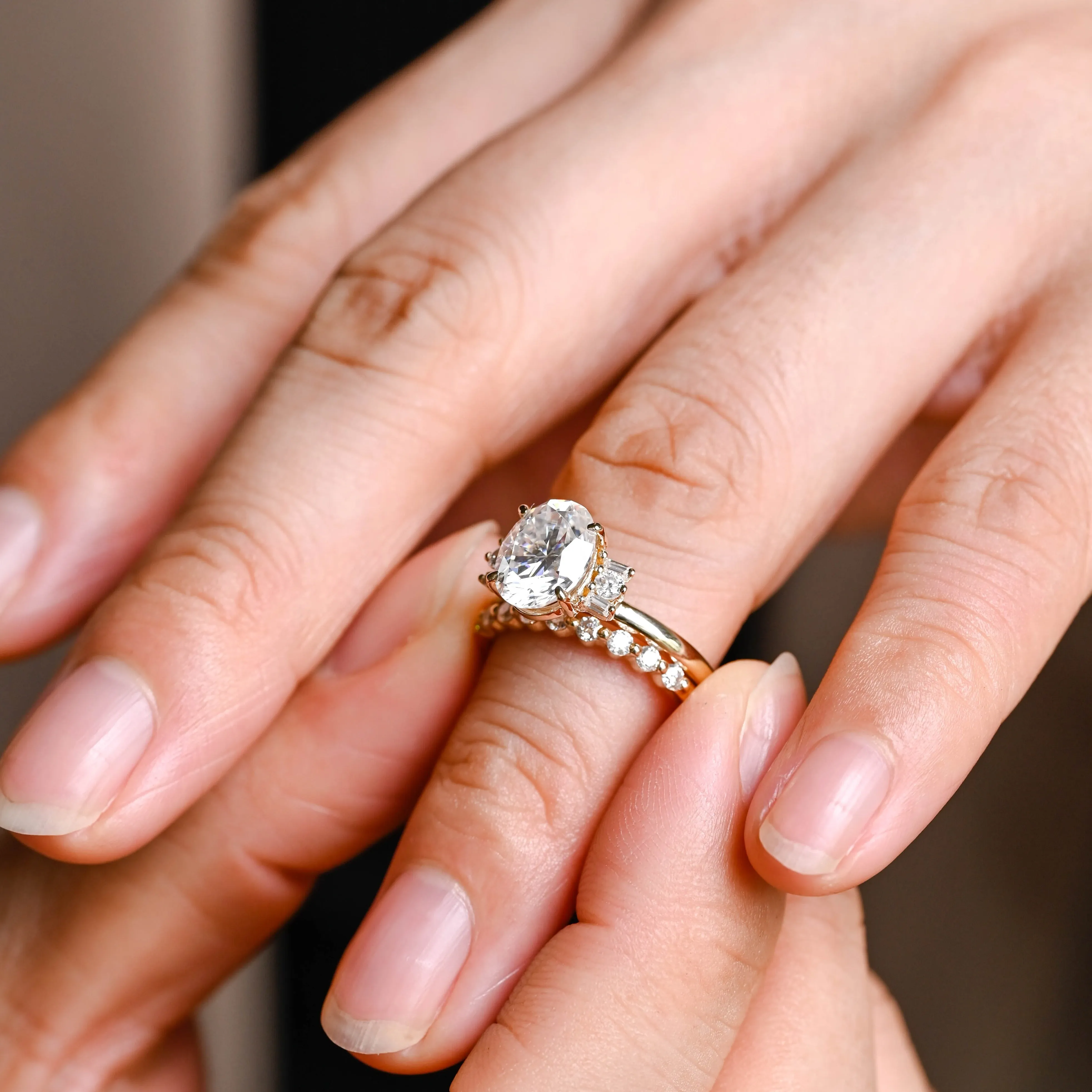 Solid Gold Oval Cut Moissanite Engagement Ring and Wedding Ring Set sold by Causyou product image thumbnail 4