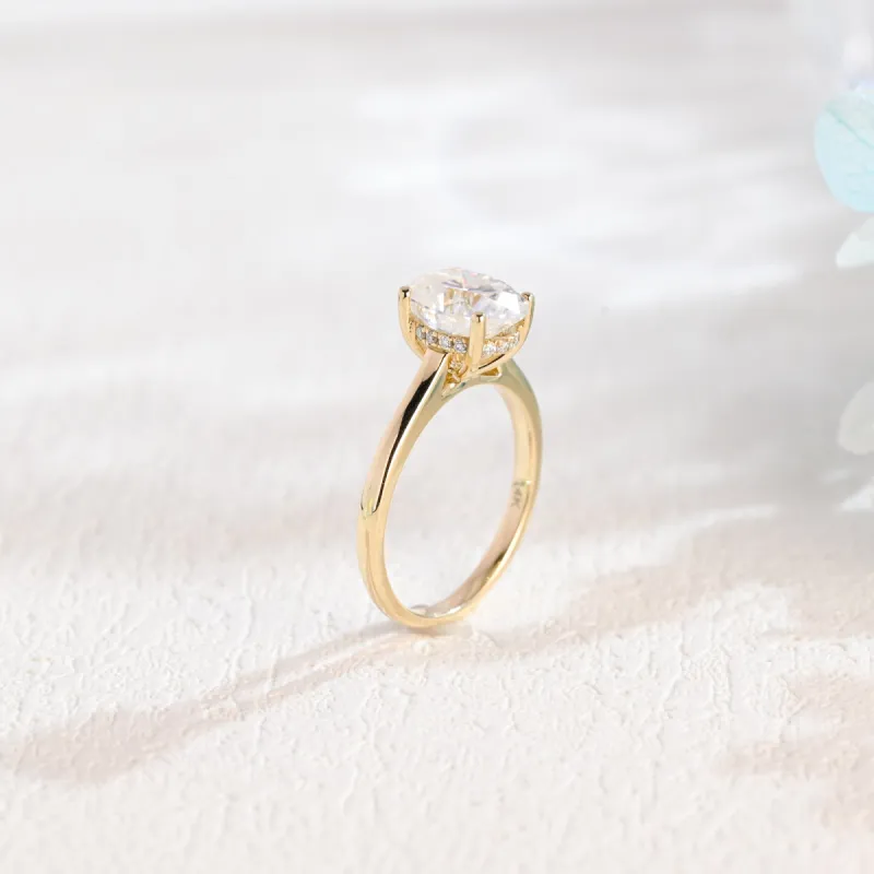 Solid Gold Oval Cut Moissanite Engagement Ring, Cathedral Setting Hidden Halo Ring sold by Causyou