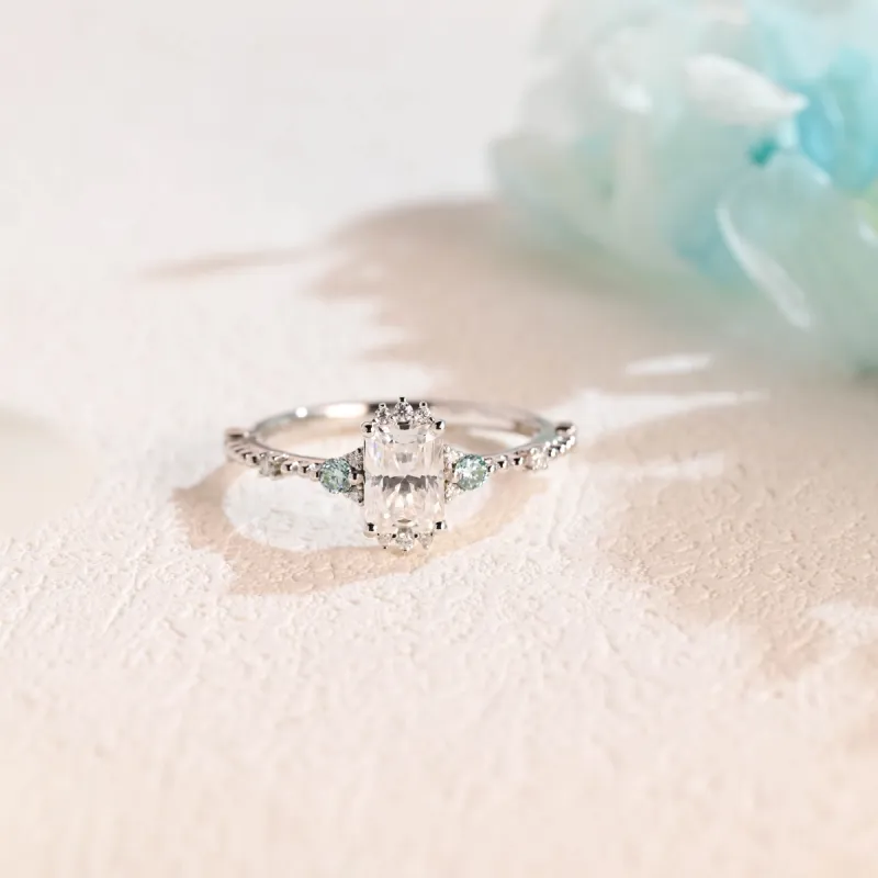 CausYou Solid Gold Radiant Cut Moissanite Engagement Ring, Blue Moissanite Accents Promise Ring, Proposal Ring for Women sold by Causyou