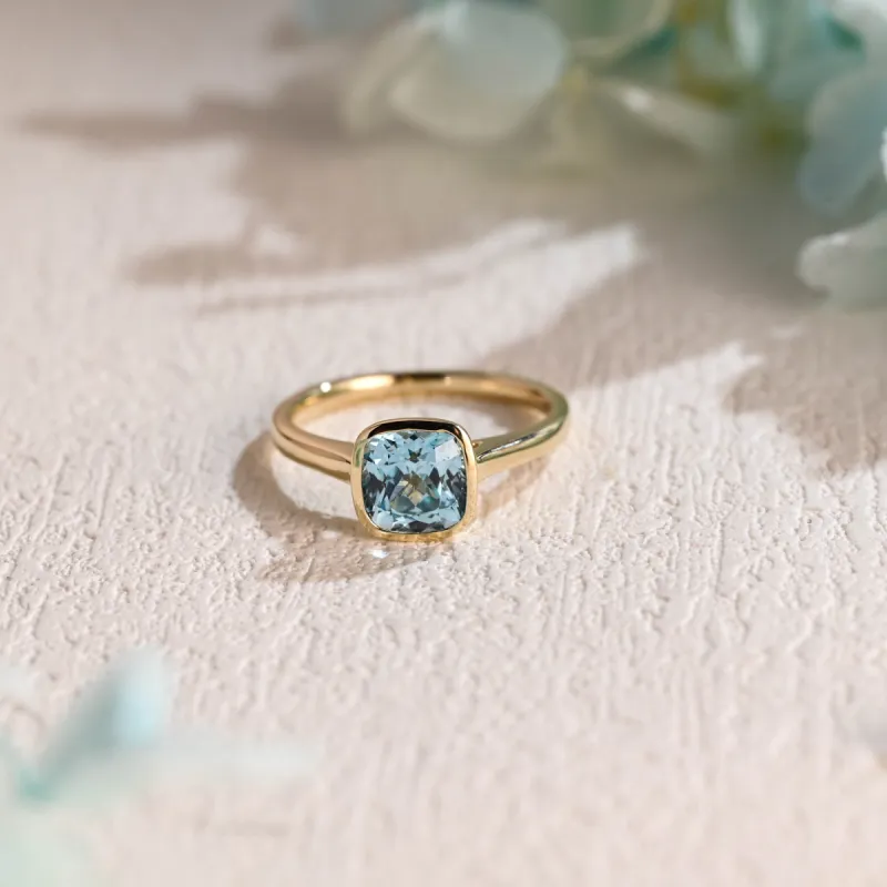 CausYou Solid Gold Lab Grown Aquamarine Ring, Cushion Cut Engagement Ring, Solitaire Promise Ring Proposal Ring, Gift for Women Wife sold by Causyou