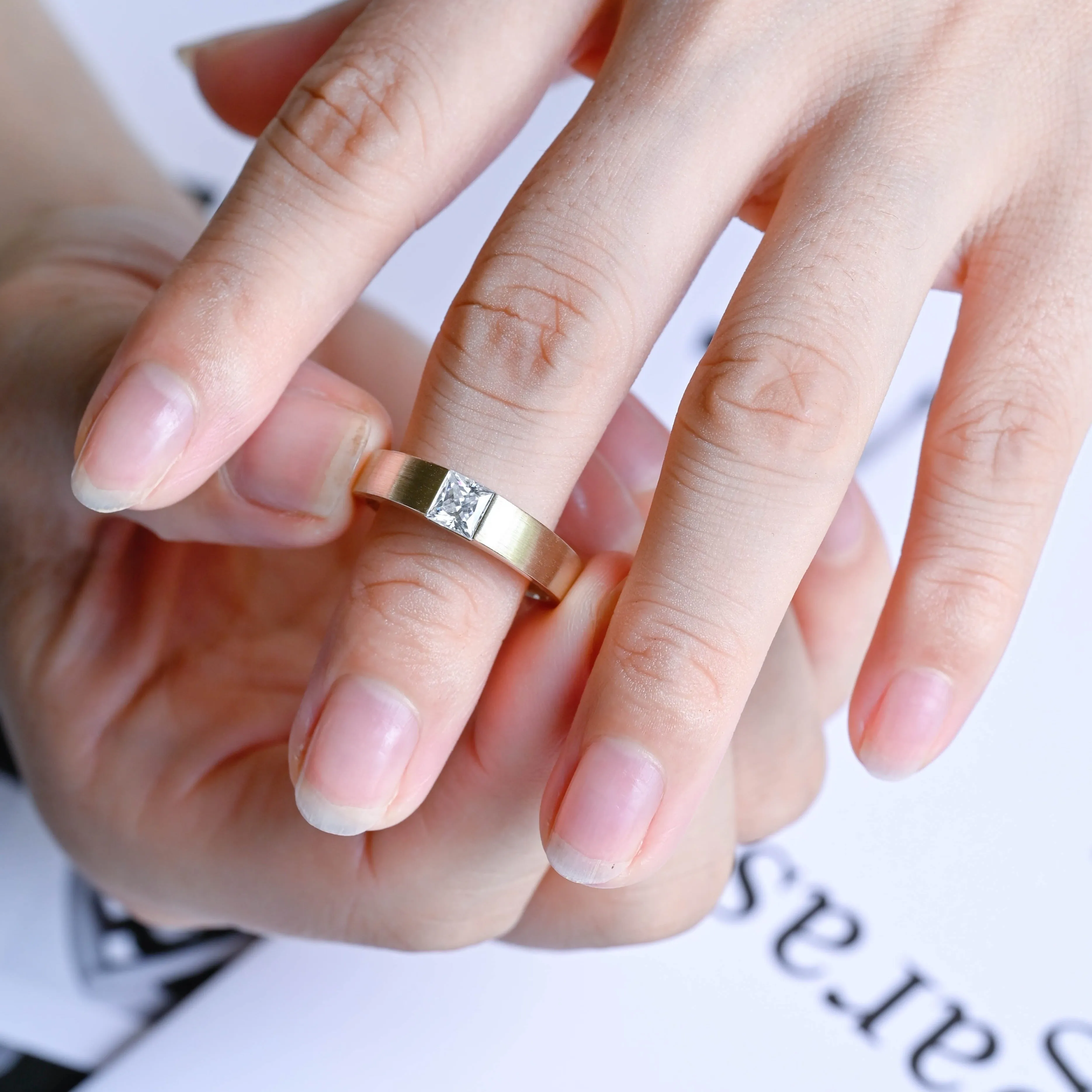 Solid Gold 5mm Width Matte Finish Princess Cut Moissanite Wedding Ring sold by Causyou product image thumbnail 2