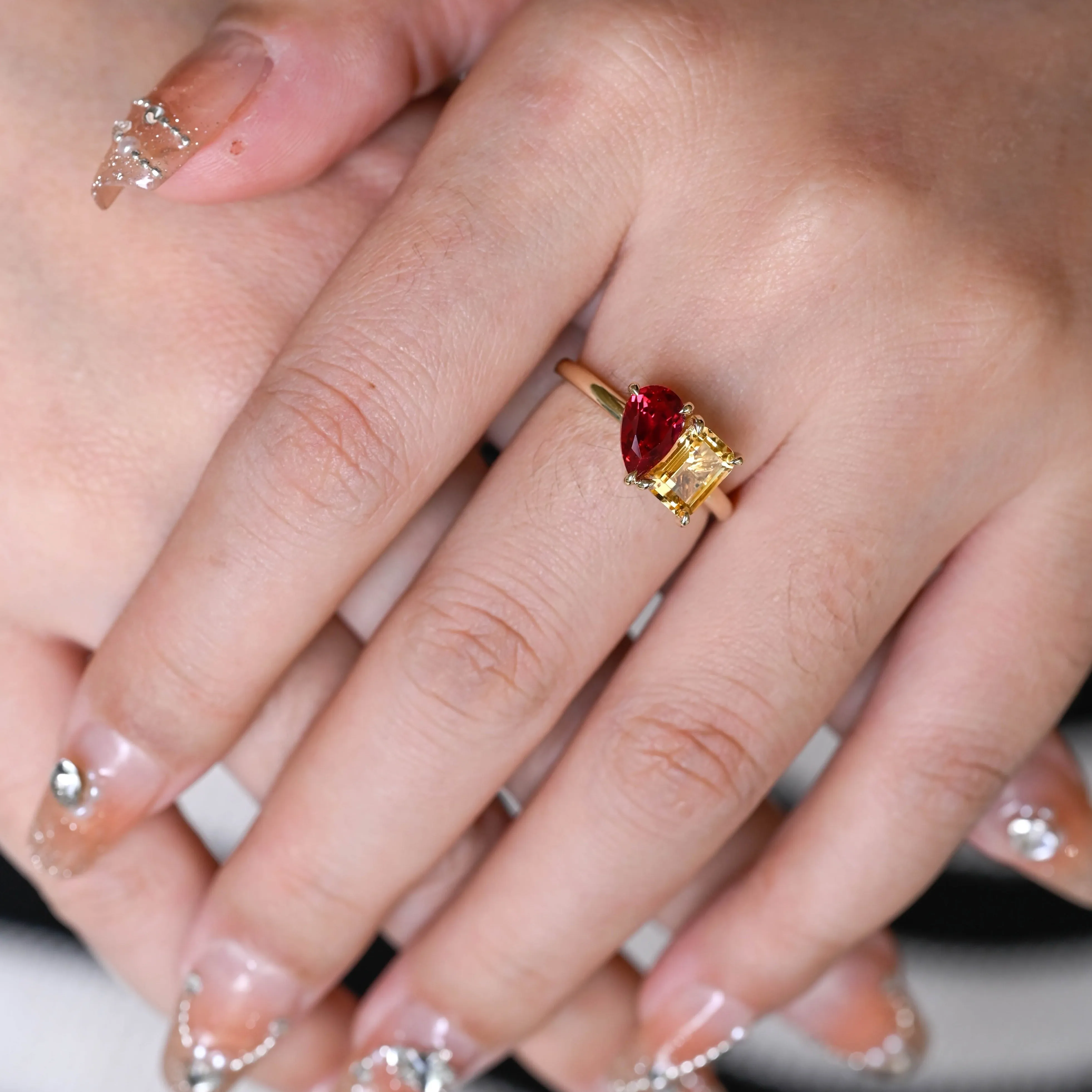 Solid Gold Toi Et Moi Ring, Lab Grown Pear Cut Ruby & Emerald Cut Yellow Quartz Engagement Ring, Promise Ring sold by Causyou product image thumbnail 2