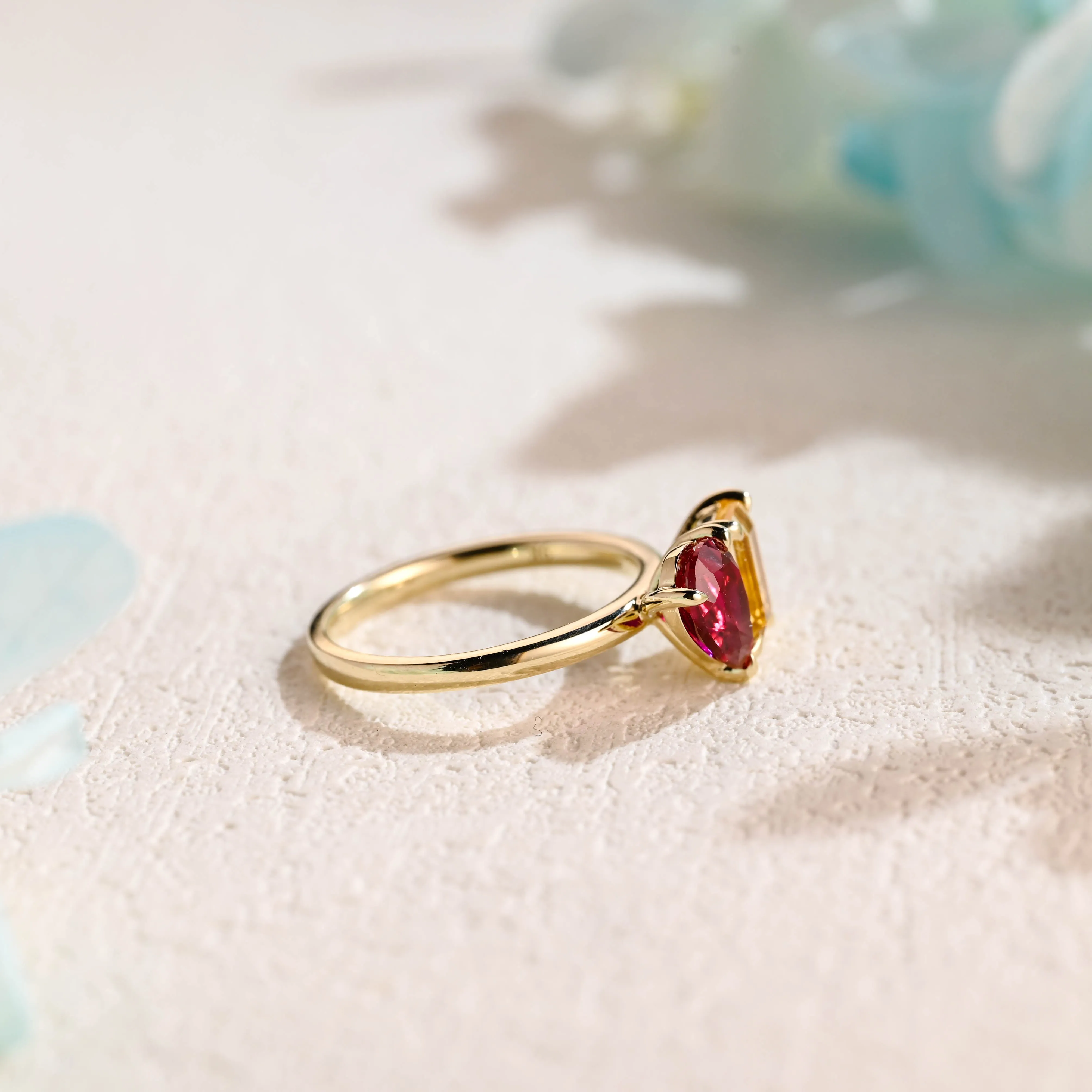 Solid Gold Toi Et Moi Ring, Lab Grown Pear Cut Ruby & Emerald Cut Yellow Quartz Engagement Ring, Promise Ring sold by Causyou product image thumbnail 5