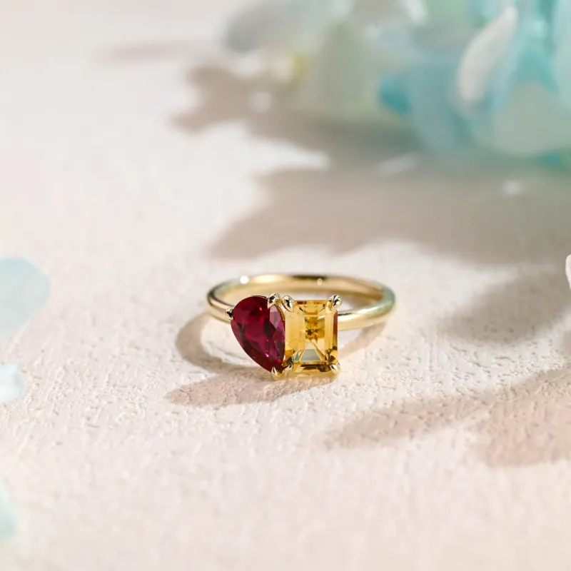 Solid Gold Toi Et Moi Ring, Lab Grown Pear Cut Ruby & Emerald Cut Yellow Quartz Engagement Ring, Promise Ring sold by Causyou
