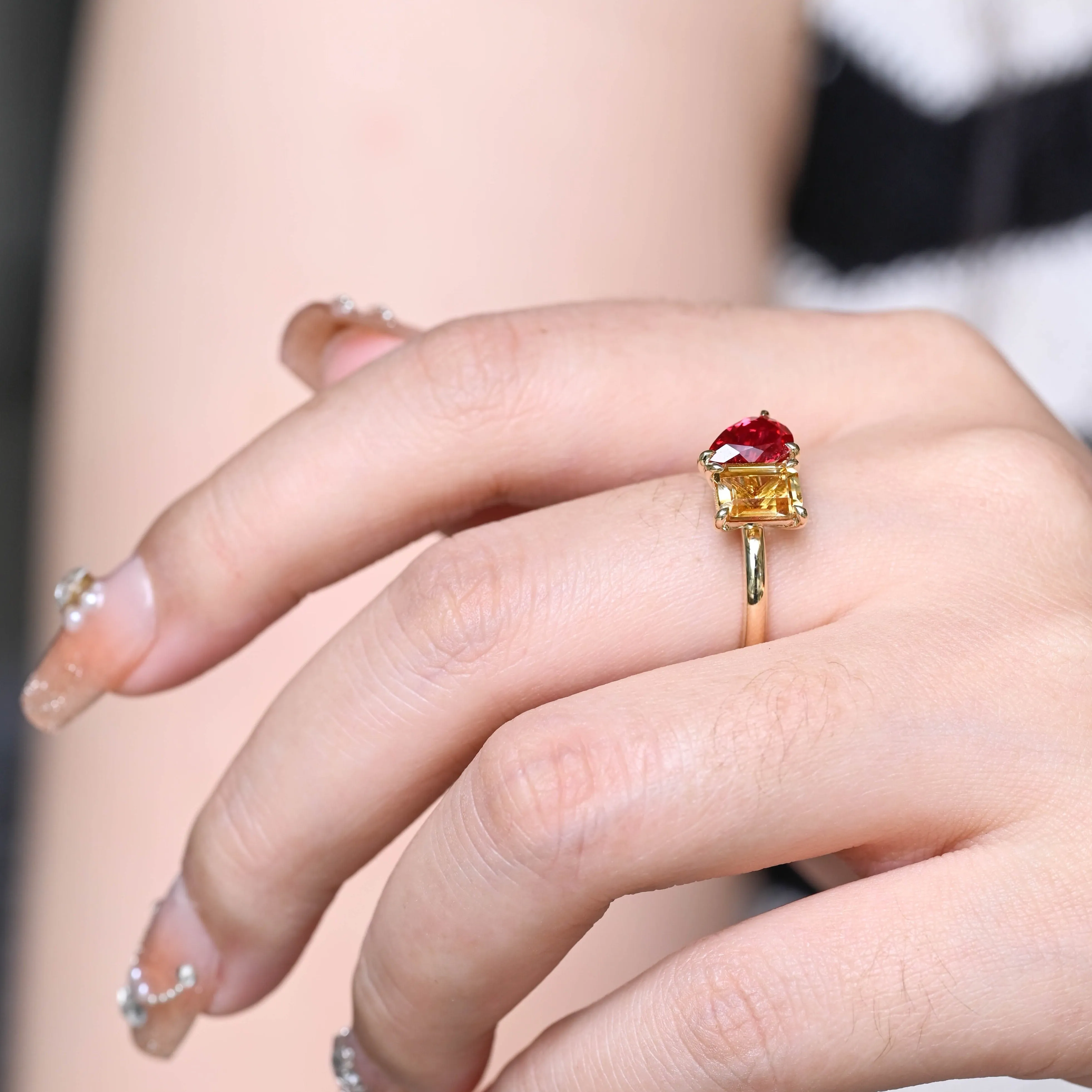 Solid Gold Toi Et Moi Ring, Lab Grown Pear Cut Ruby & Emerald Cut Yellow Quartz Engagement Ring, Promise Ring sold by Causyou product image thumbnail 4
