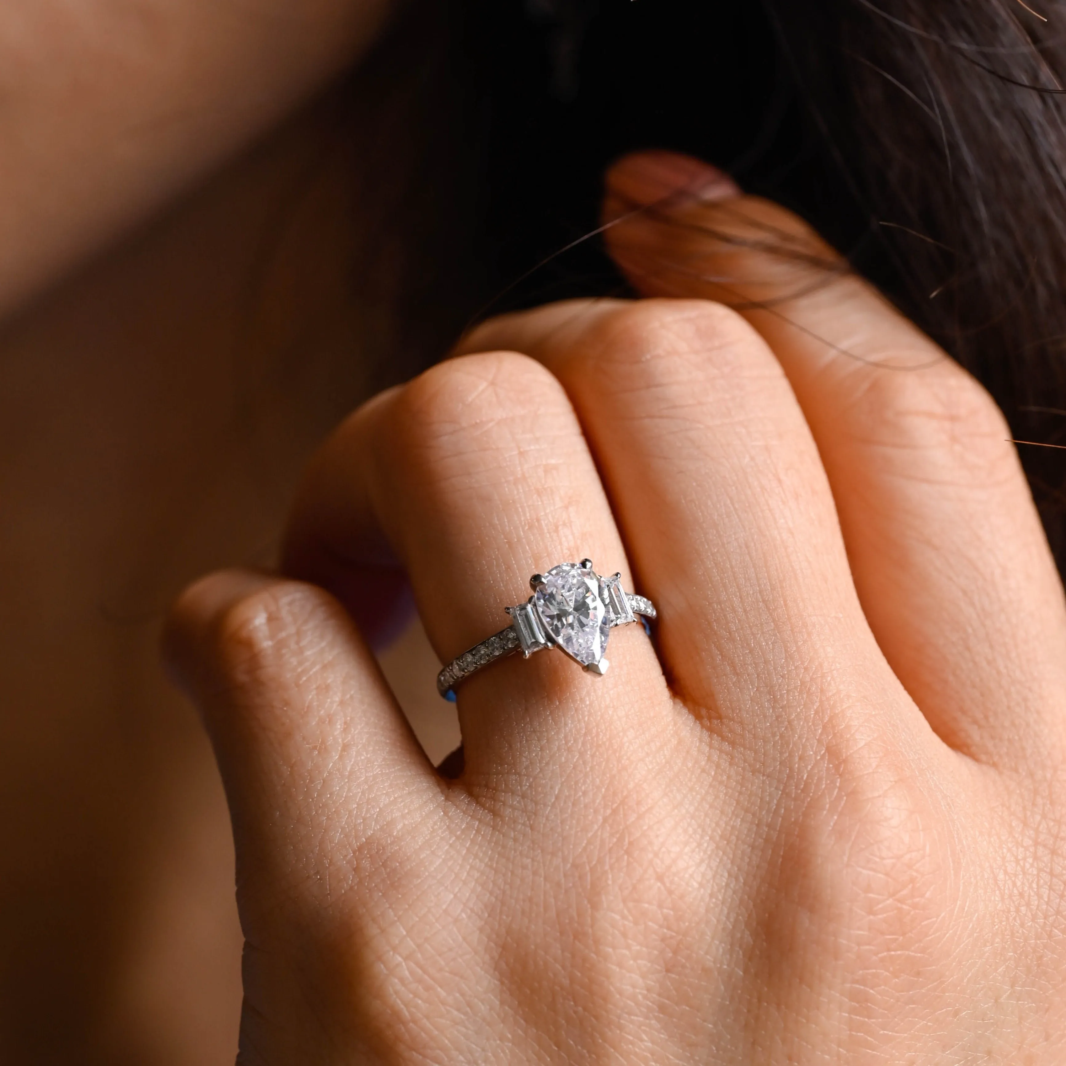 Solid Gold Pear Cut Moissanite Engagement Ring, Three Stone Promise Ring, Proposal Ring, Gift for Women, Wife sold by Causyou product image thumbnail 2