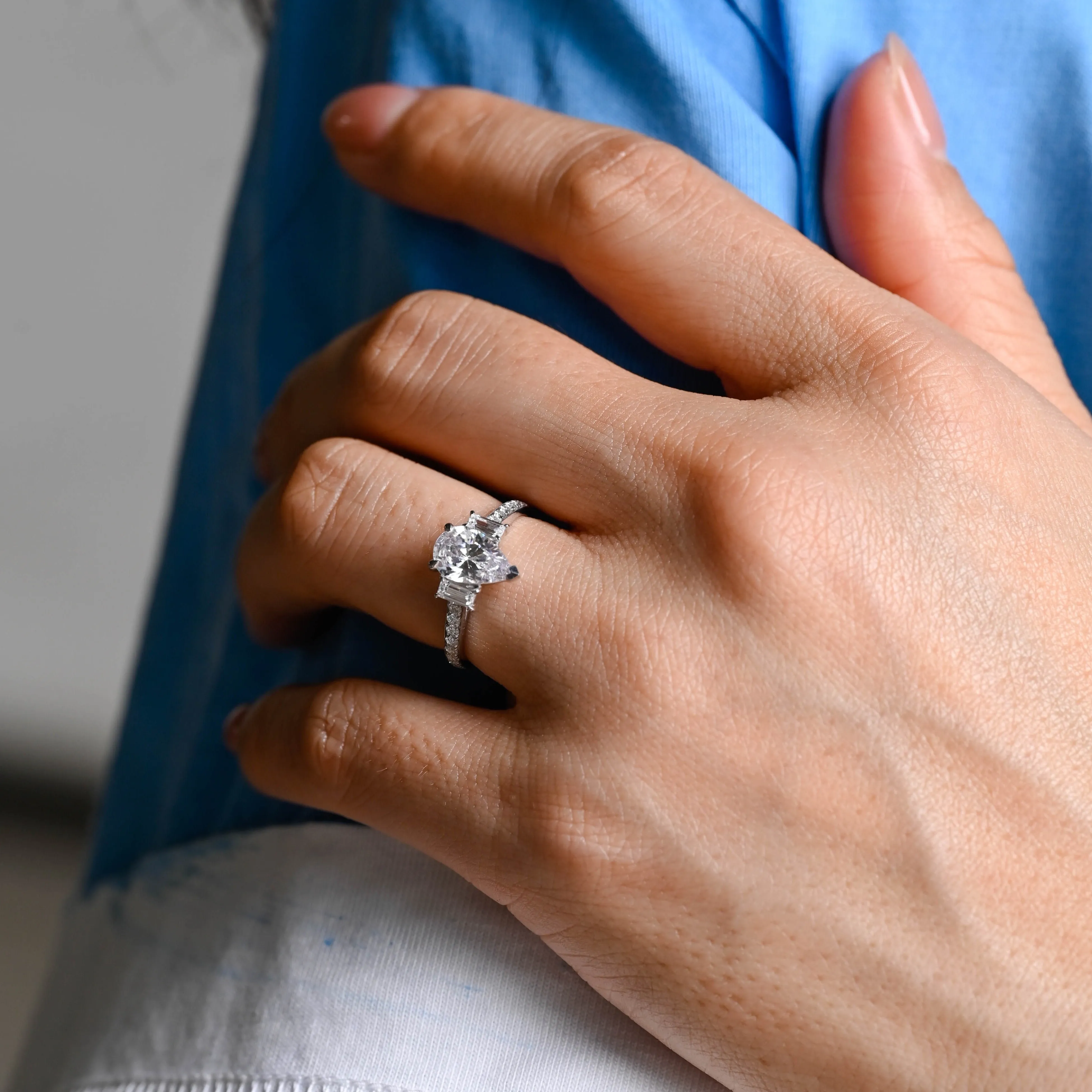 Solid Gold Pear Cut Moissanite Engagement Ring, Three Stone Promise Ring, Proposal Ring, Gift for Women, Wife sold by Causyou product image thumbnail 4