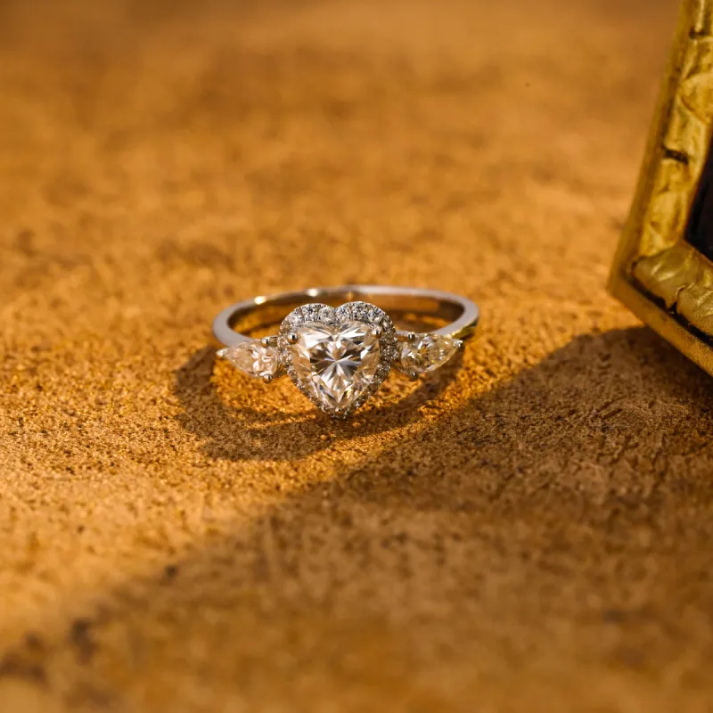 CausYou Solid Gold D/VS1 Heart Cut Lab Grown Diamond Engagement Ring, Three Stone Halo Wedding Ring sold by Causyou