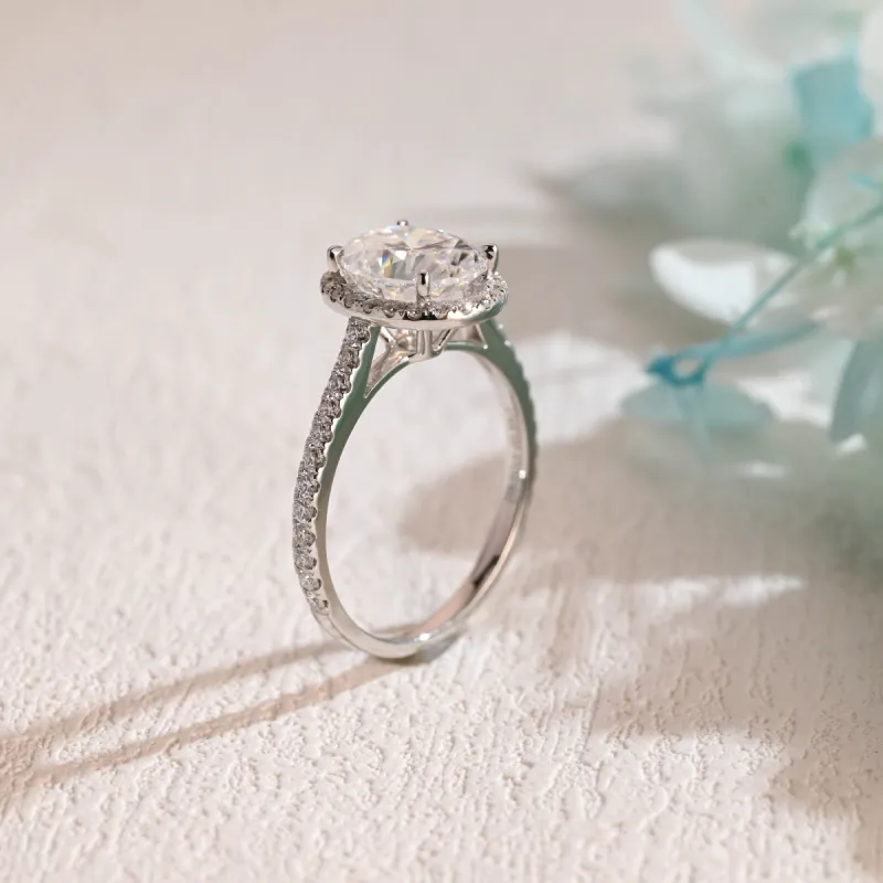 Solid Gold Cathedral Setting Halo Oval Cut Moissanite Engagement Ring sold by Causyou