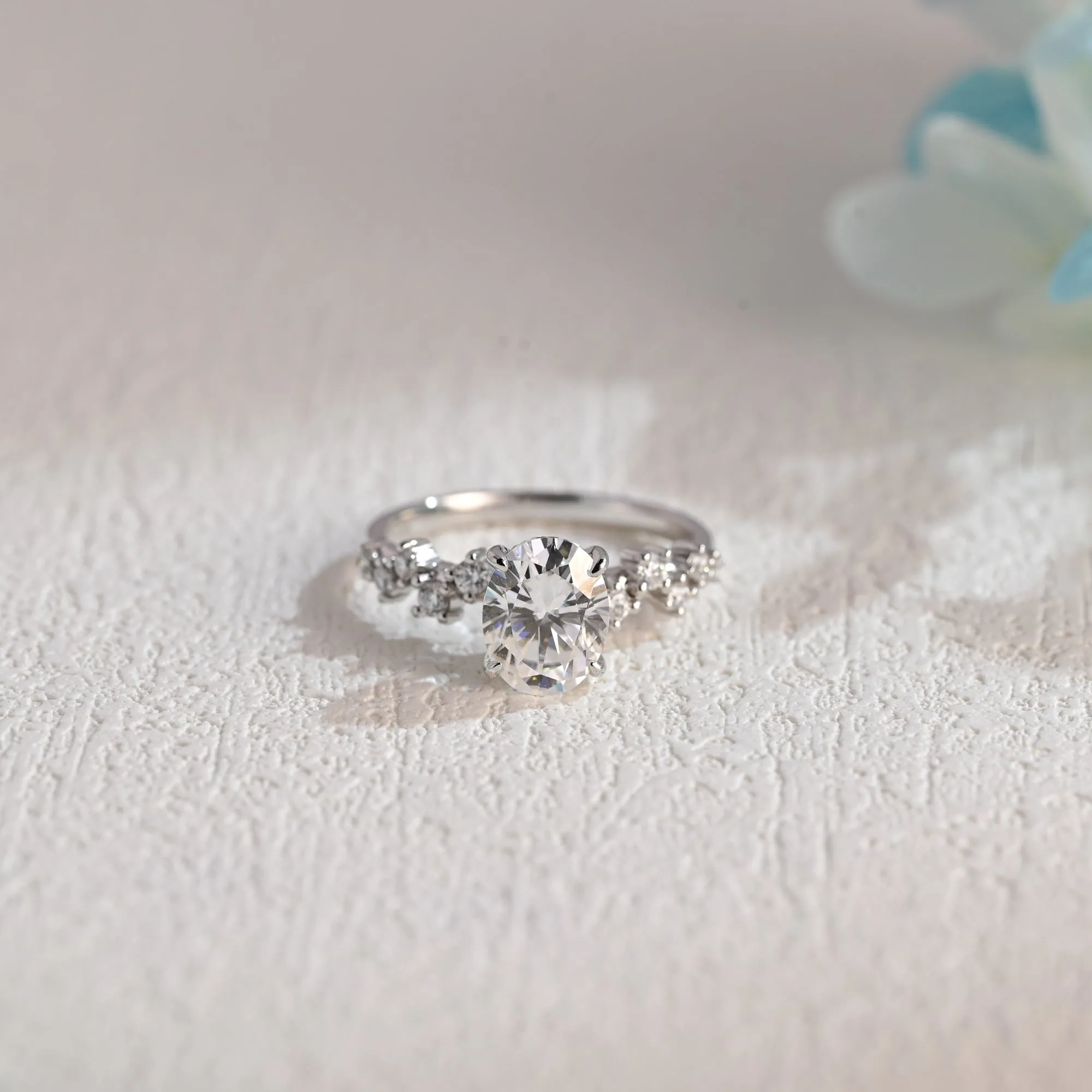 Solid Gold Side Cluster Oval Cut Moissanite Engagement Ring sold by Causyou